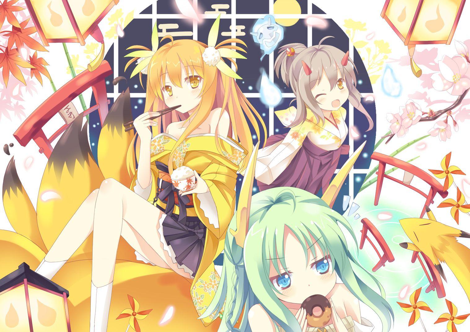 1517x1074 Desktop Wallpaper fox girls Anime young woman