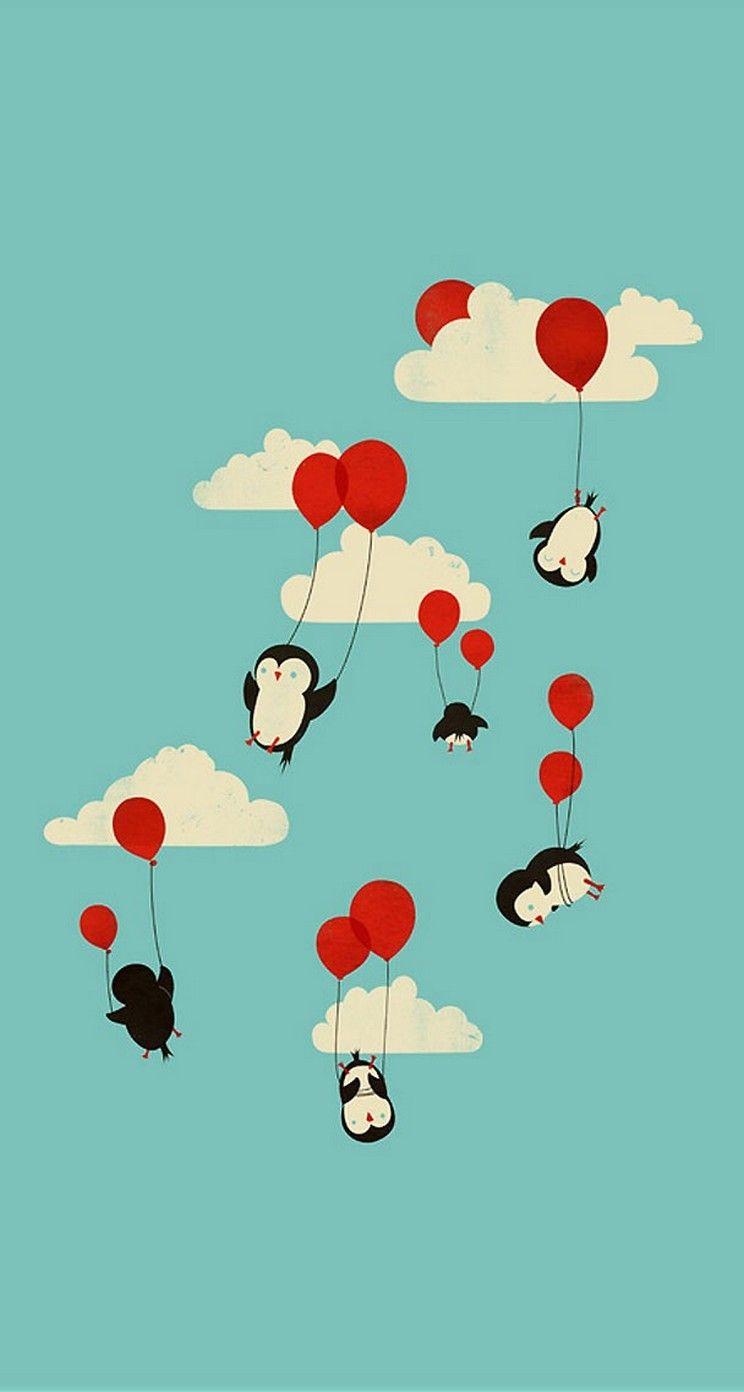744x1392 Penguin Balloon retro wallpaper - Wallpaper bonitos, Papel de parede retro, Papel de parede do iphone