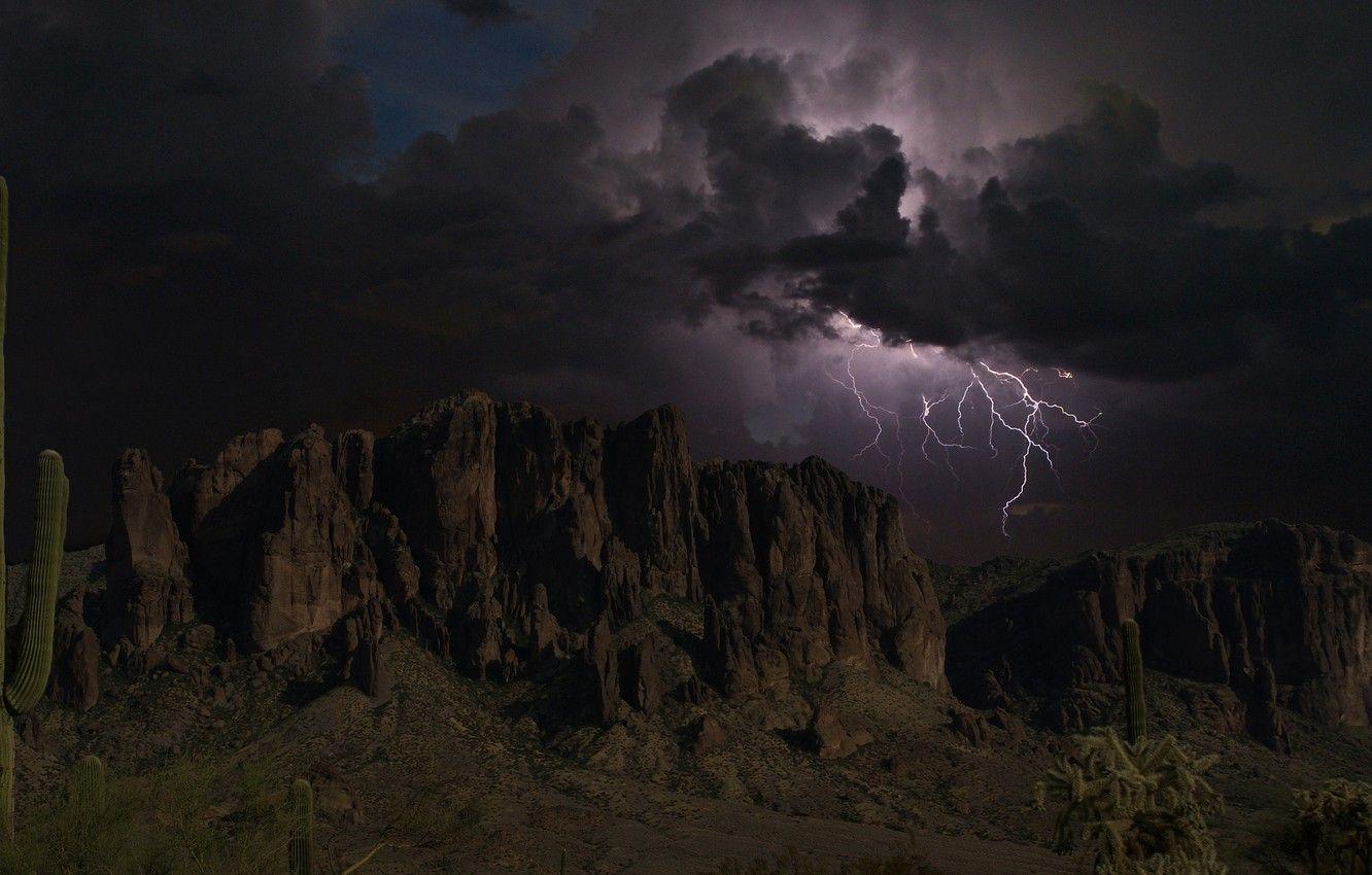 1332x850 Wallpaper the storm, the sky, clouds, mountains, clouds, rocks, lightning, silhouettes, Arizona image for desktop, section природа