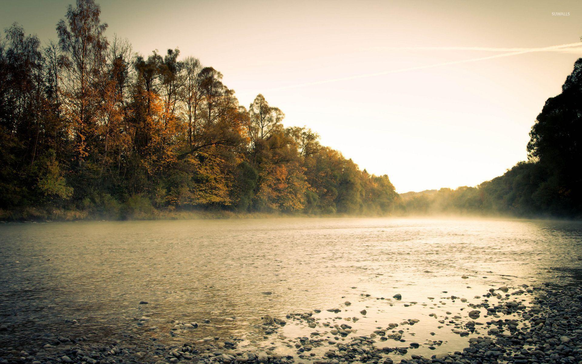 1920x1200 Misty river by the autumn forest wallpaper wallpaper