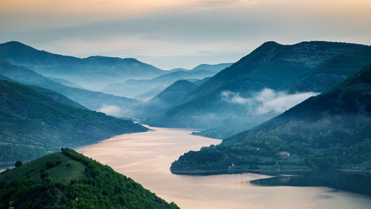1280x720 Wallpaper Morning, Sunrise, Misty, River, Mountains, Bulgaria, 5K, Nature