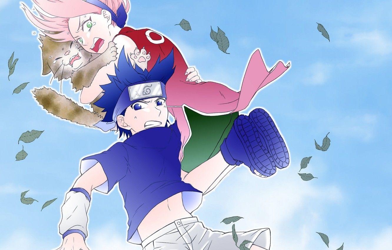 1332x850 Wallpaper cat, leaves, children, fear, jump, Naruto, Naruto, Sasuke Uchiha, Sakura Haruno image for desktop, section сёнэн