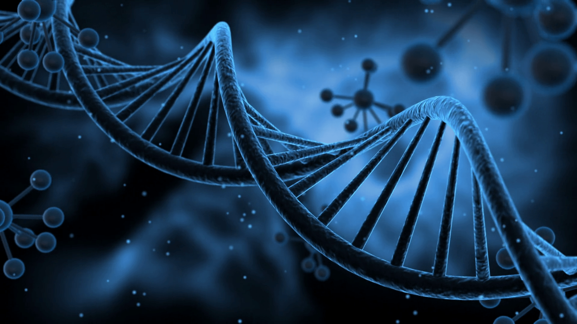1920x1080 Science Fiction Spinning DNA Molecules Seamless Looping Motion Background. Sci Fi Animated Video Loop Animation of Double Helix Deoxyribonucleic acid Structure. Full HD 1920 X 1080. Blue Motion Background