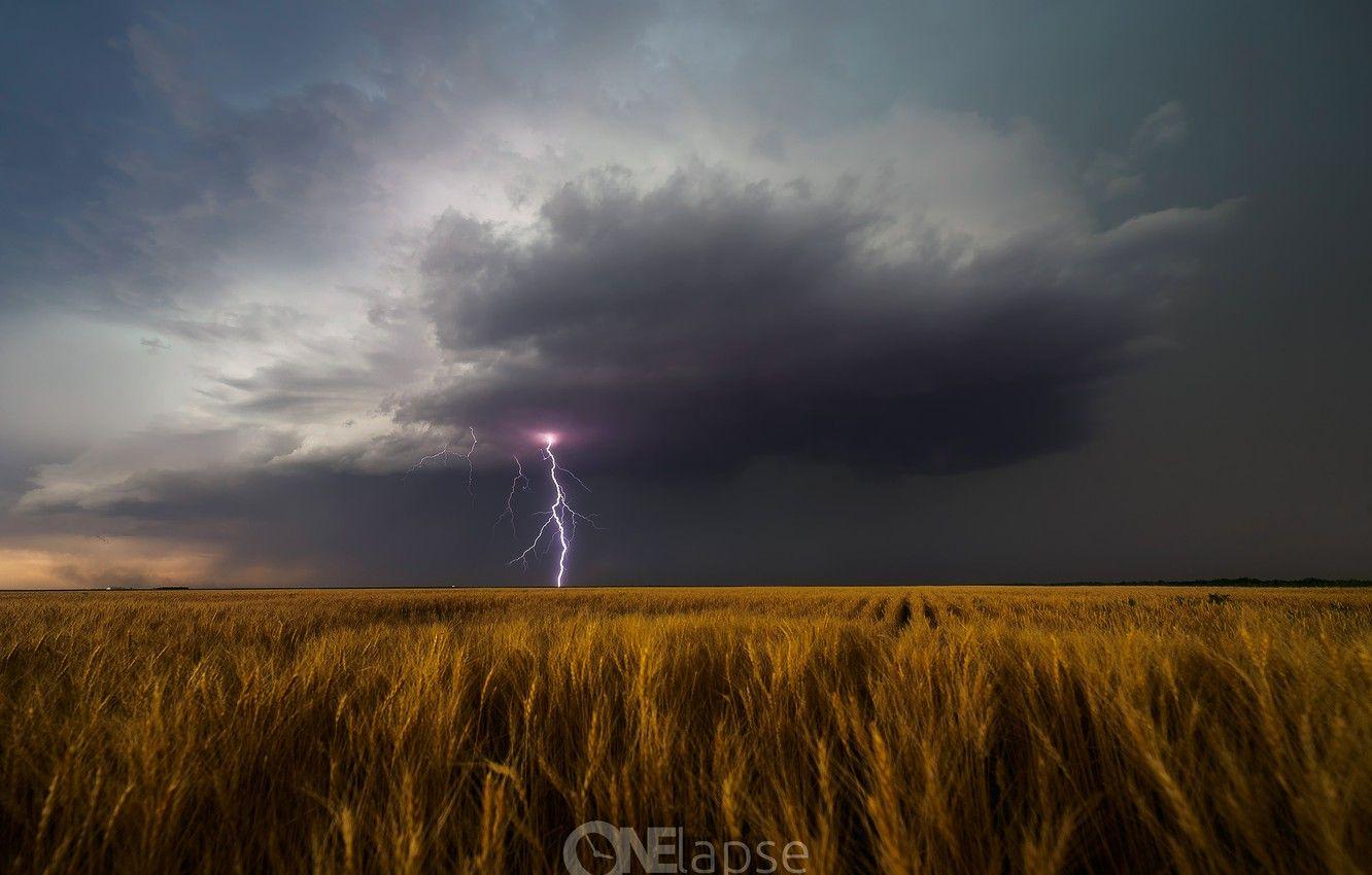 1332x850 Wallpaper the storm, field, summer, storm, lightning, USA, June, Leoti, rotating thunderstorm, SuperCell, Kansas image for desktop, section пейзажи