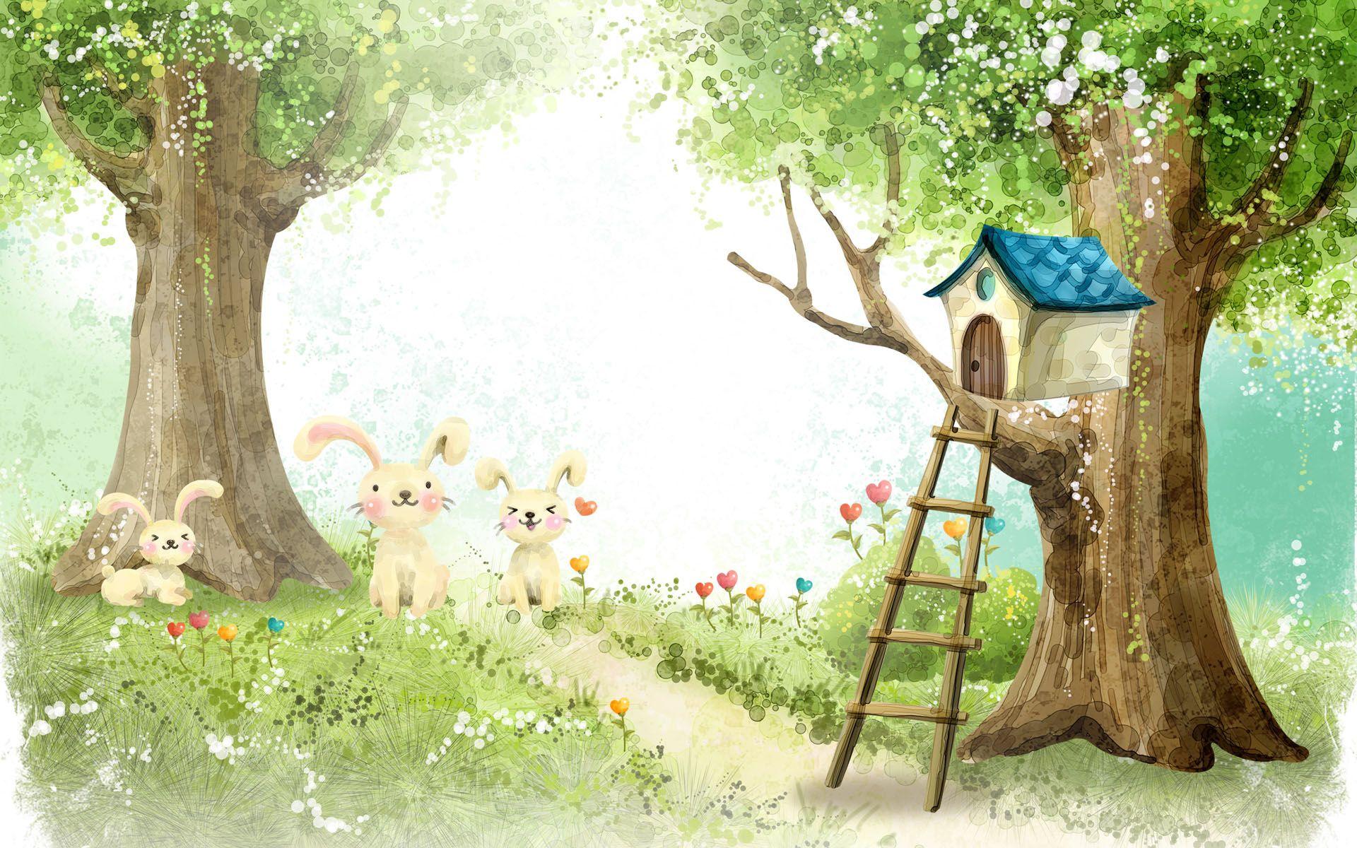 1920x1200 Grass Rabbits Trees Bird House desktop PC and Mac wallpaper