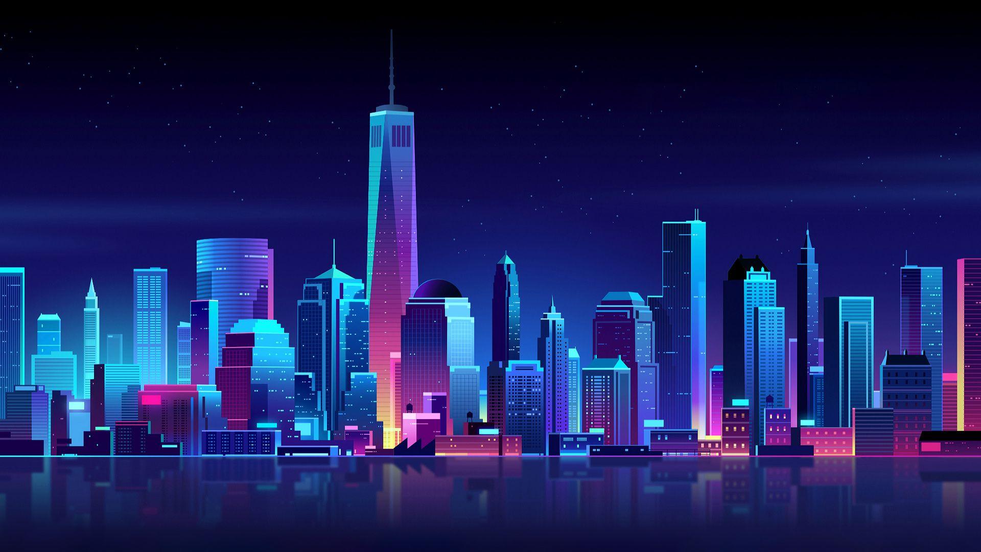 1920x1080 New York Buildings City Night Minimalism Laptop Full HD 1080P HD 4k Wallpaper, Image, Background, Photo and Picture