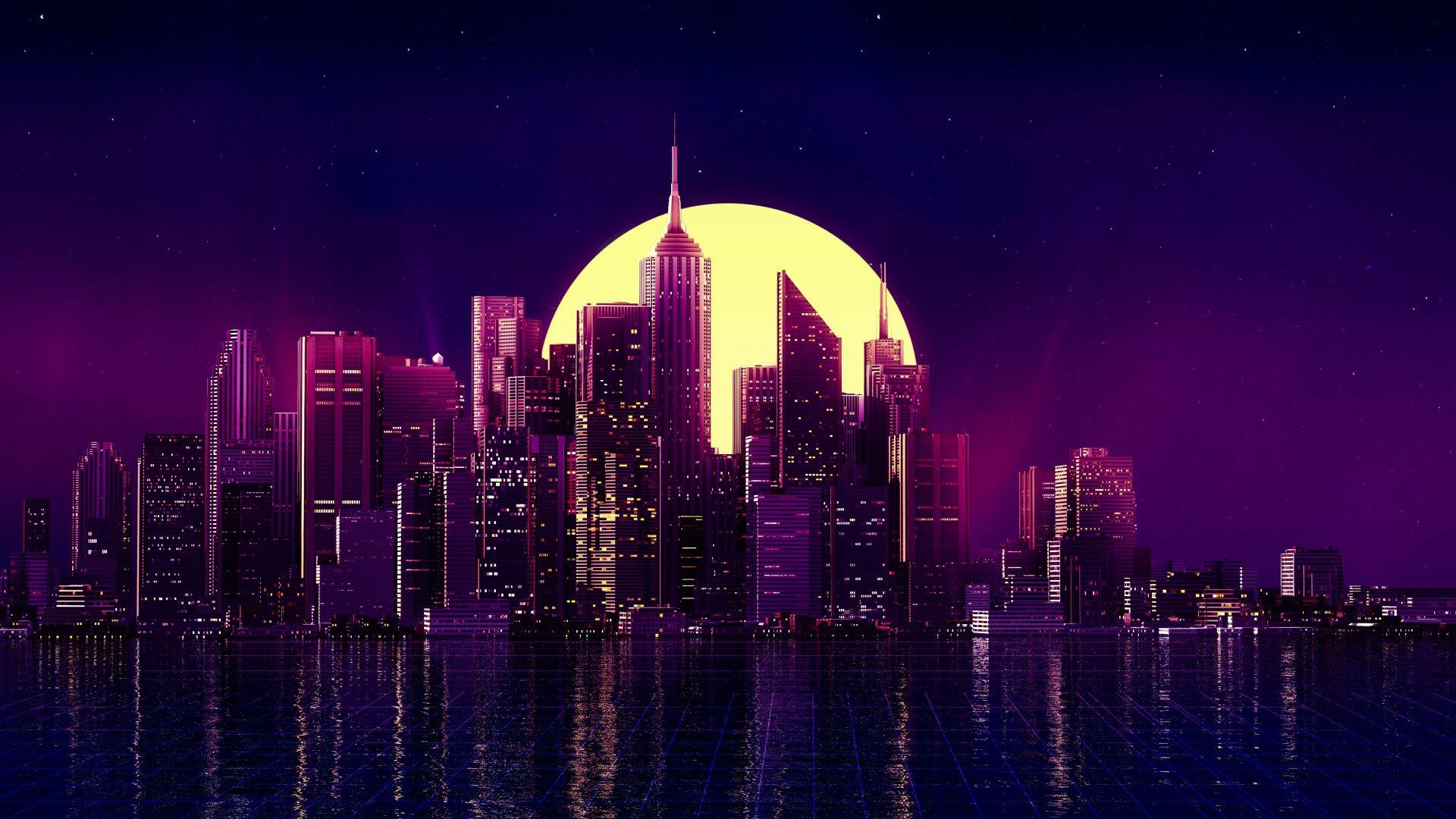 1920x1080 Download wallpaper water, landscape, night, city, lights, retro, the moon, The city, moon, water, night, retro, section minimalism in resolution 1920x1080