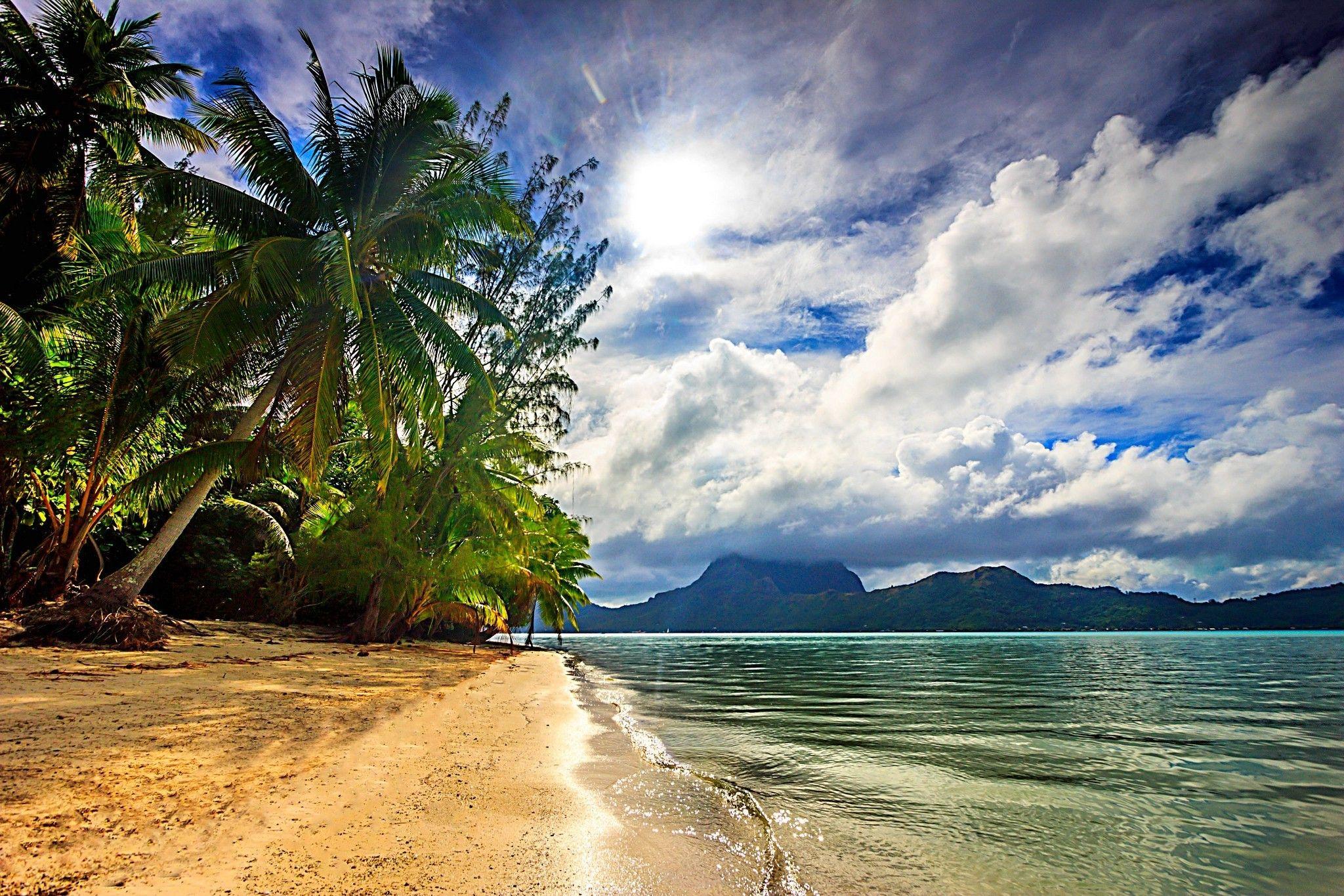 2048x1365 nature landscape beach sea palm trees clouds island sunlight tropical bora bora french polynesia wallpaper. Mocah.org HD Wallpaper