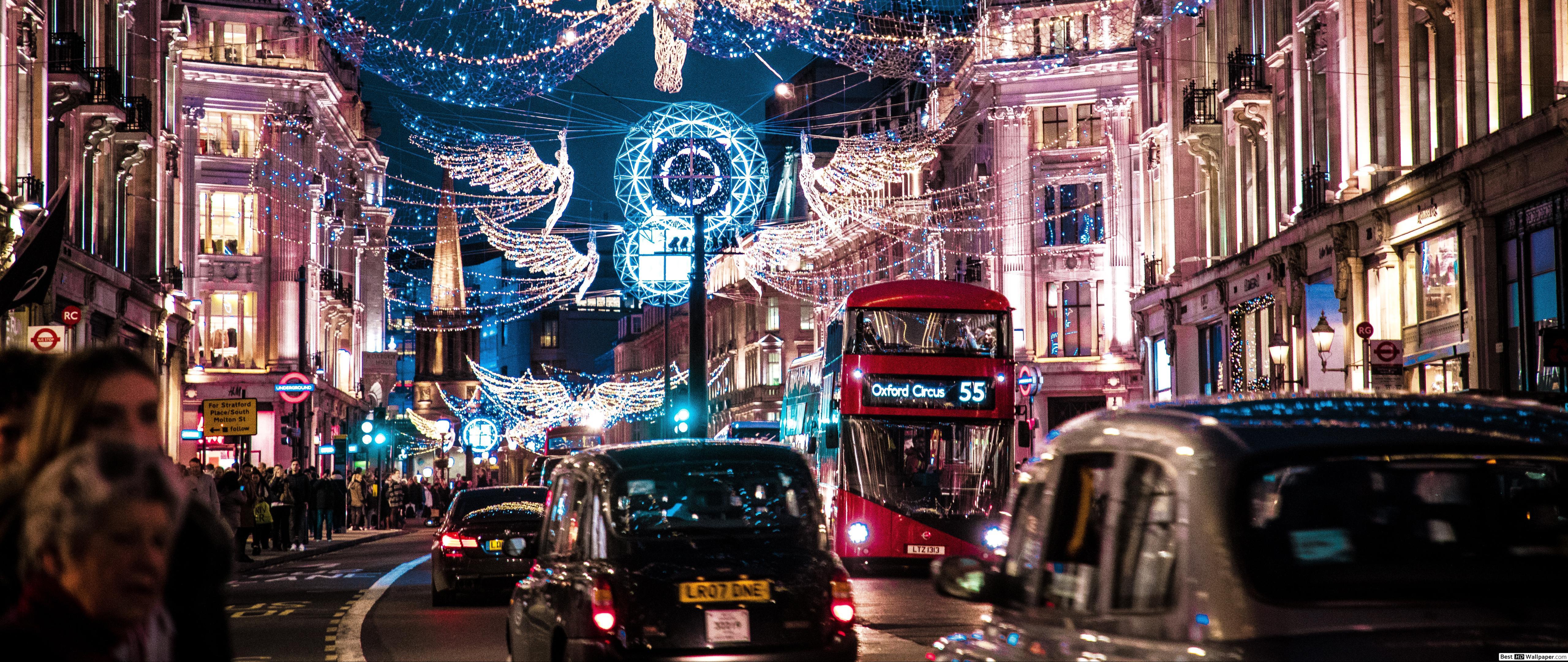 5120x2160 Christmas at London City HD wallpaper download