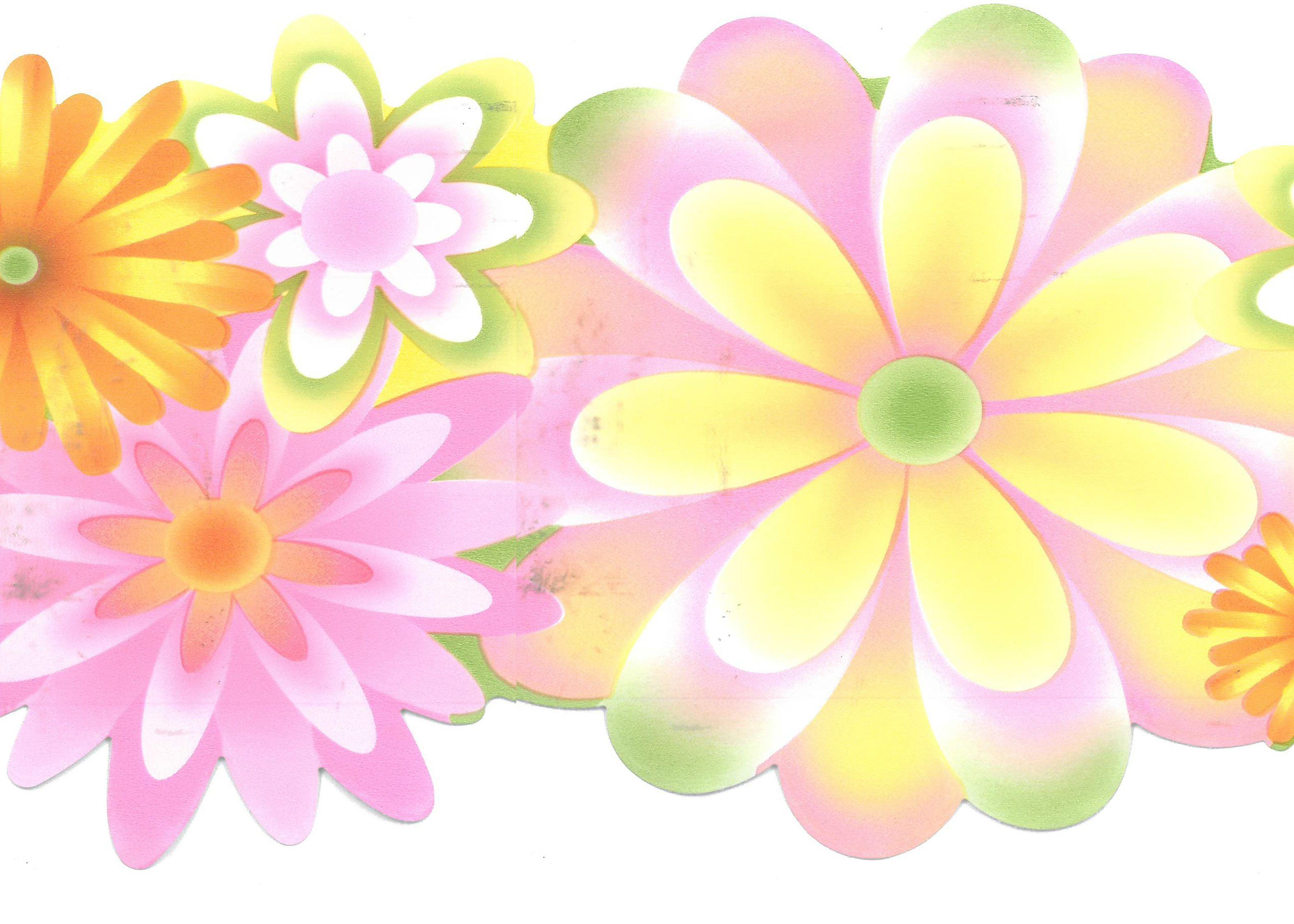 3150x2250 Prepasted Wallpaper Border Green, Pink, Yellow Flowers Scalloped Wall Border Retro Design, 15 ft x 6.25 in (4.57m x 15.88cm)