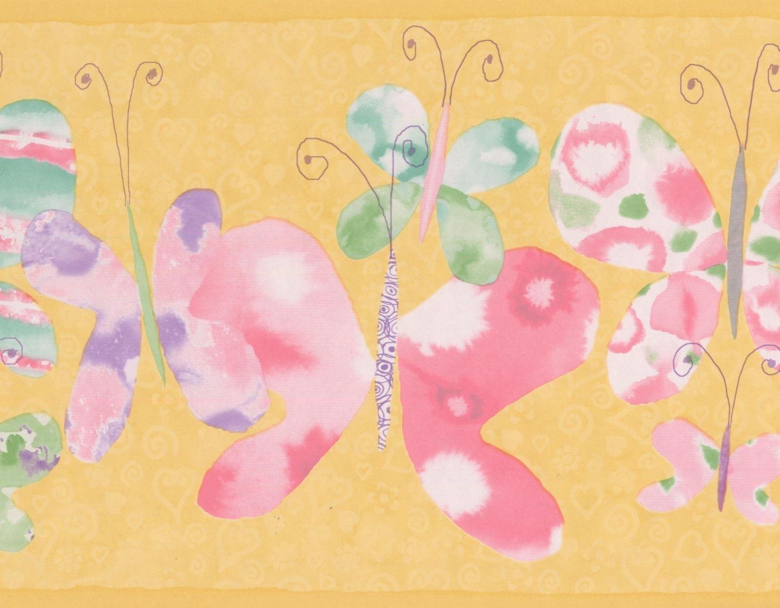 1606x1253 Faux Painted Pink Purple Green Butterflies Yellow Wallpaper Border Retro Design, Roll 15' x 9