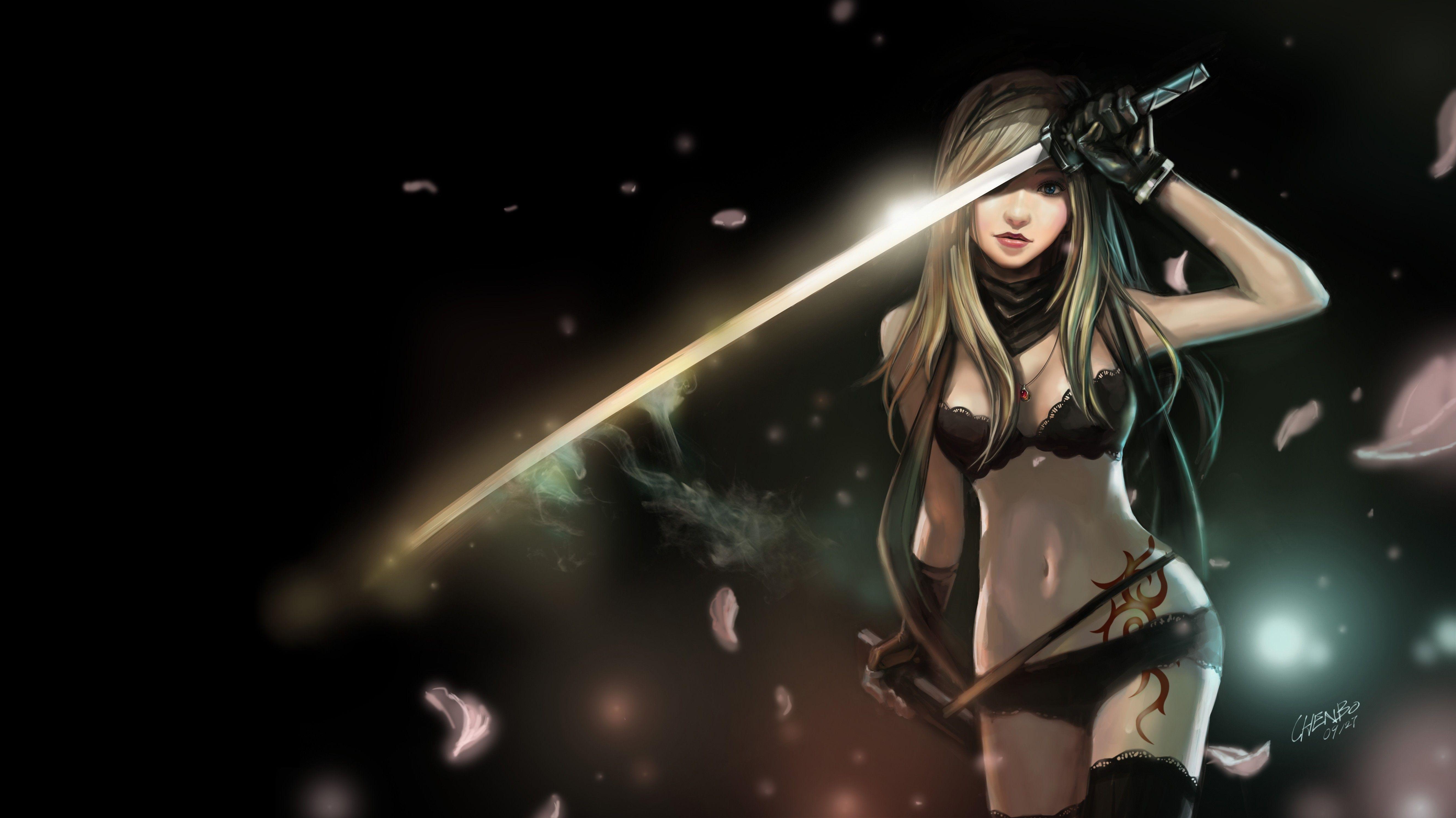 5309x2985 fantasy art, sword, girl, painting wallpaper
