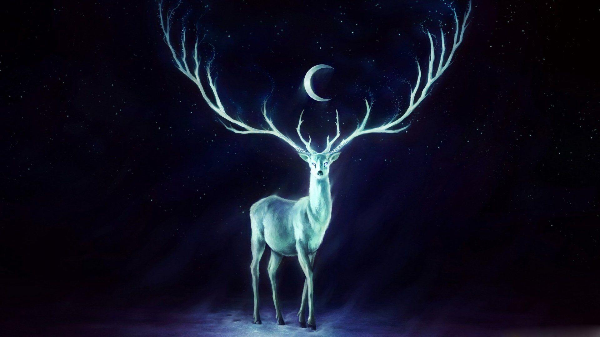 1920x1080 Moon painting stag dark blue wallpaperx1080
