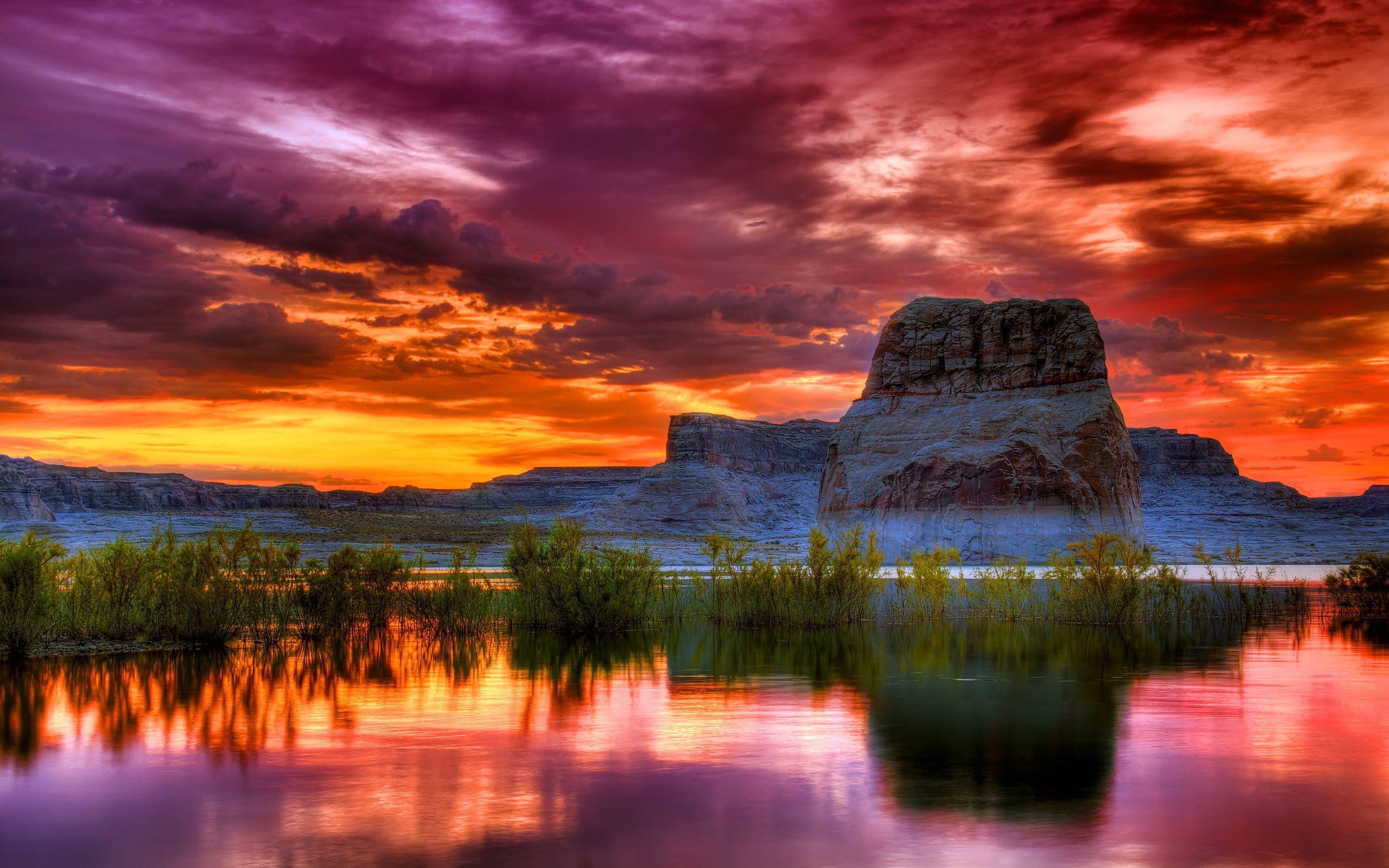 2880x1800 Arizona Sunset Scenery Lake Rocky Mountains Orange Clouds Reflection In Water 4k Wallpaper High Resolution 2880x1800 :