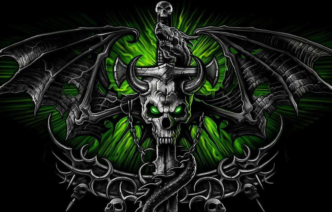 1332x850 Wallpaper green, background, dragon, skull, wings, sword, horns, sword, Sake, dragon image for desktop, section стиль