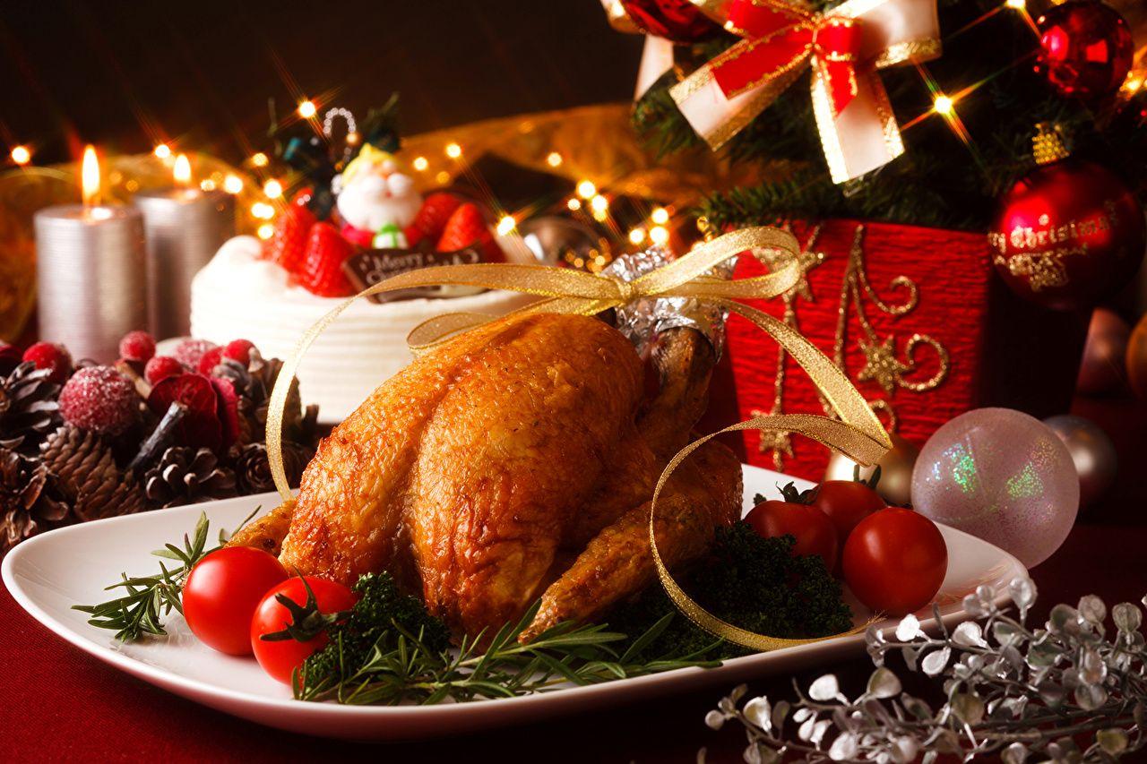 1280x853 Wallpaper Christmas Tomatoes Roast Chicken Food Balls Candles