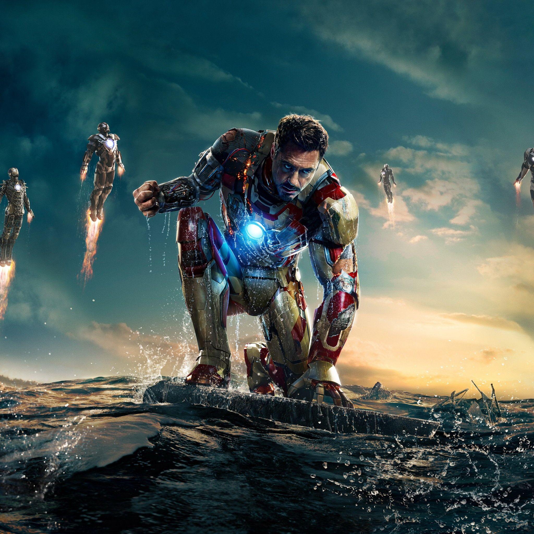 2048x2048 Iron Man 3 Water Fight iPad Air Wallpaper Free Download