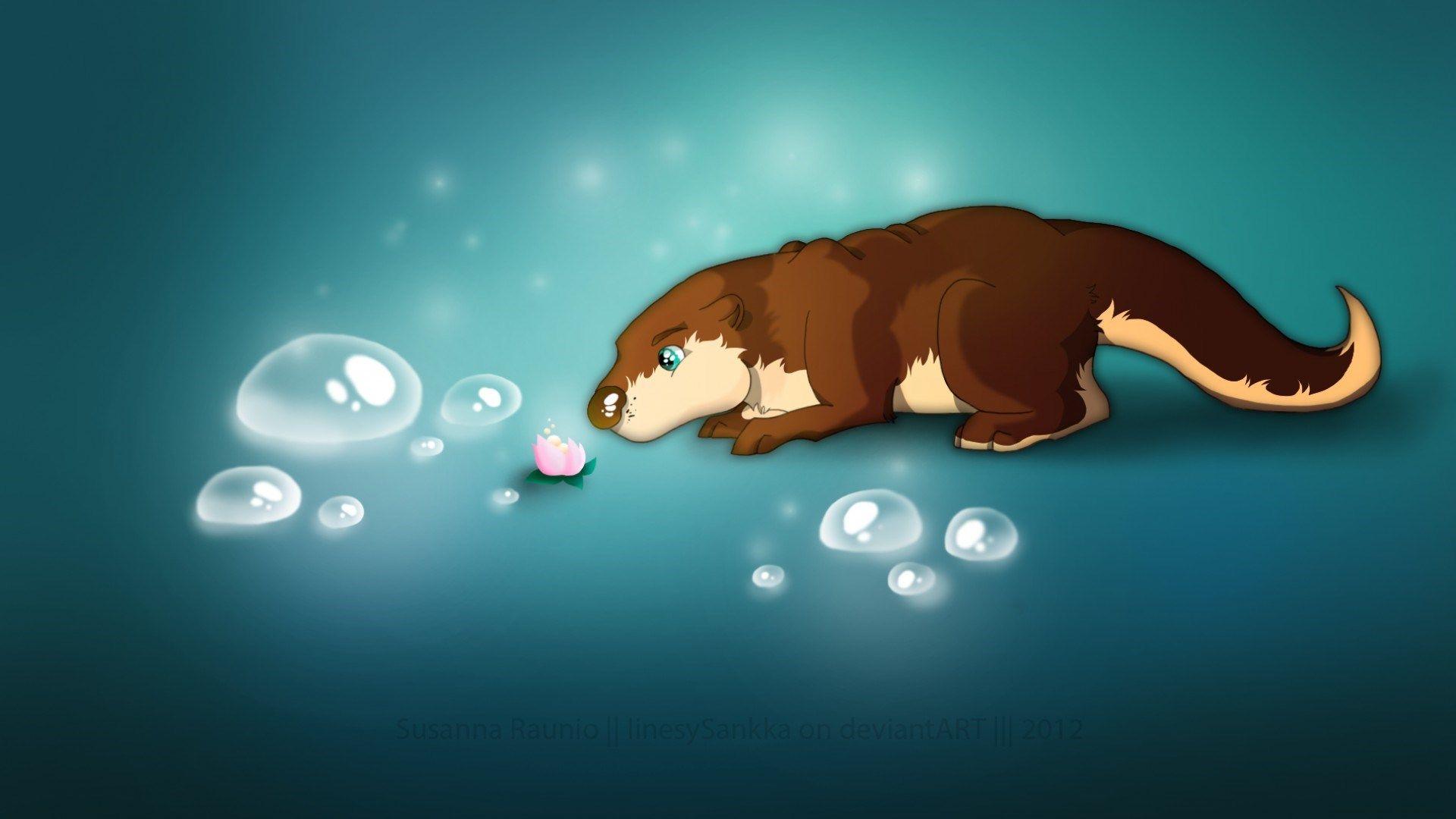 1920x1080 Flower Bubbles Otter Artwork