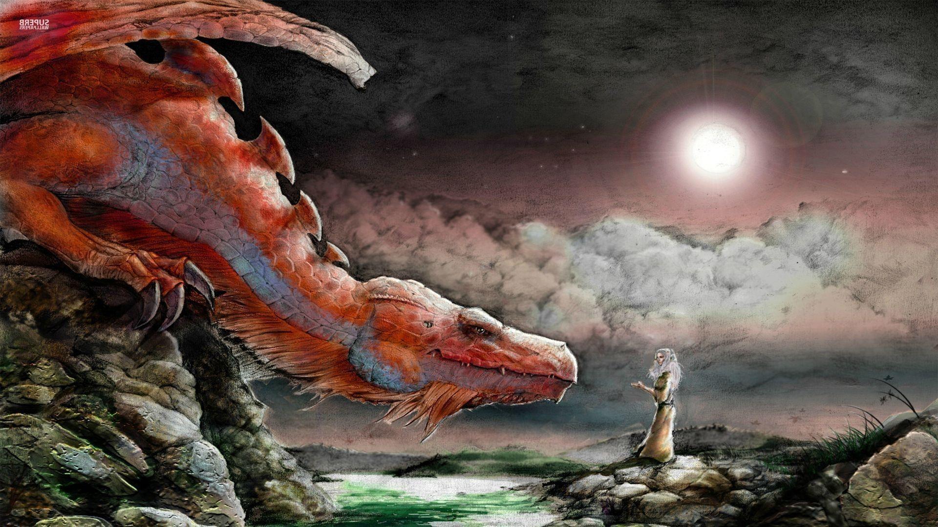 1920x1080 women, Digital Art, Fantasy Art, Dragon, Nature, Rock, Stone, Clouds, Night, Moon Wallpaper HD / Desktop and Mobile Background