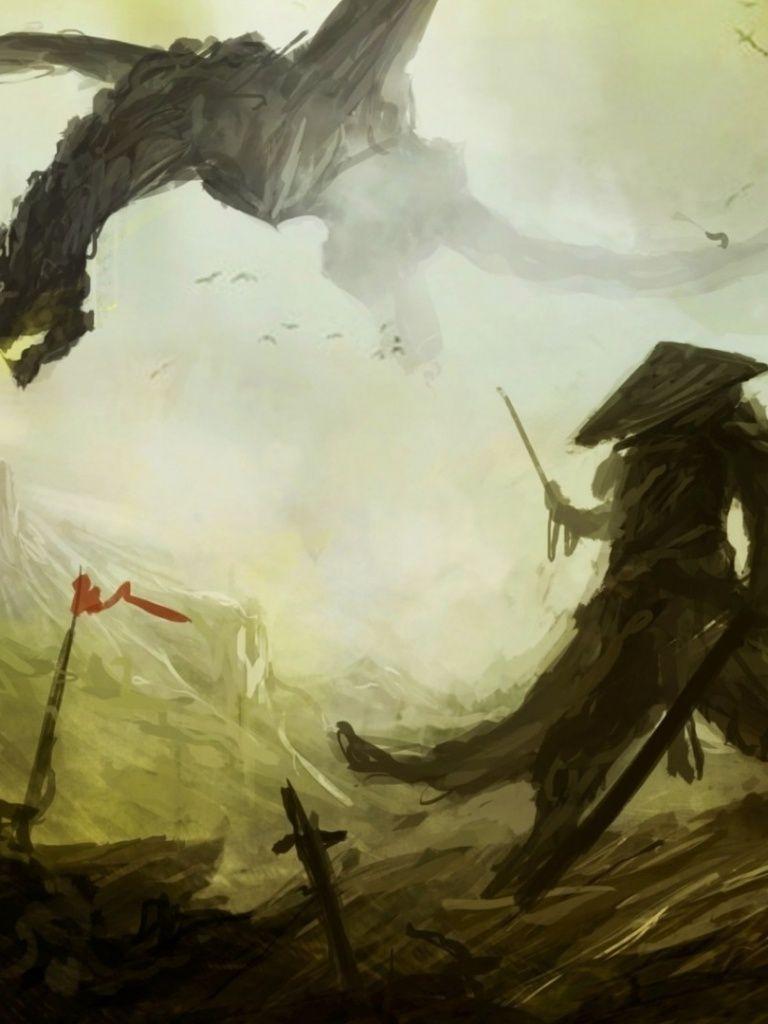 768x1024 Dragon and Samurai Fantasy Art iPad wallpaper