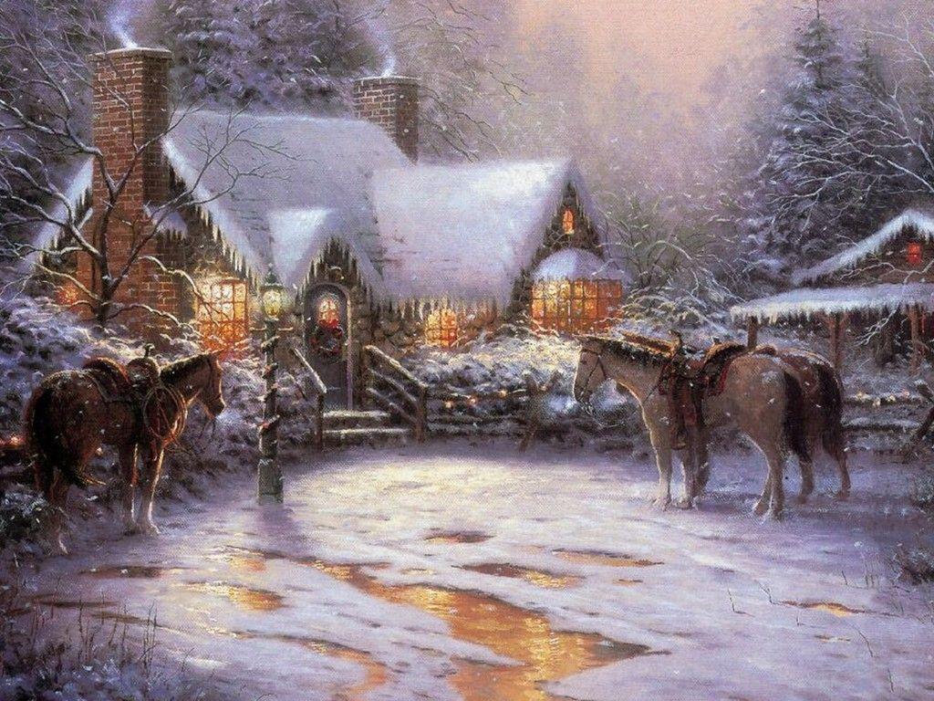 1024x768 Winter: Painting Cottage Christmas Drawing Winter Art Horse Snow