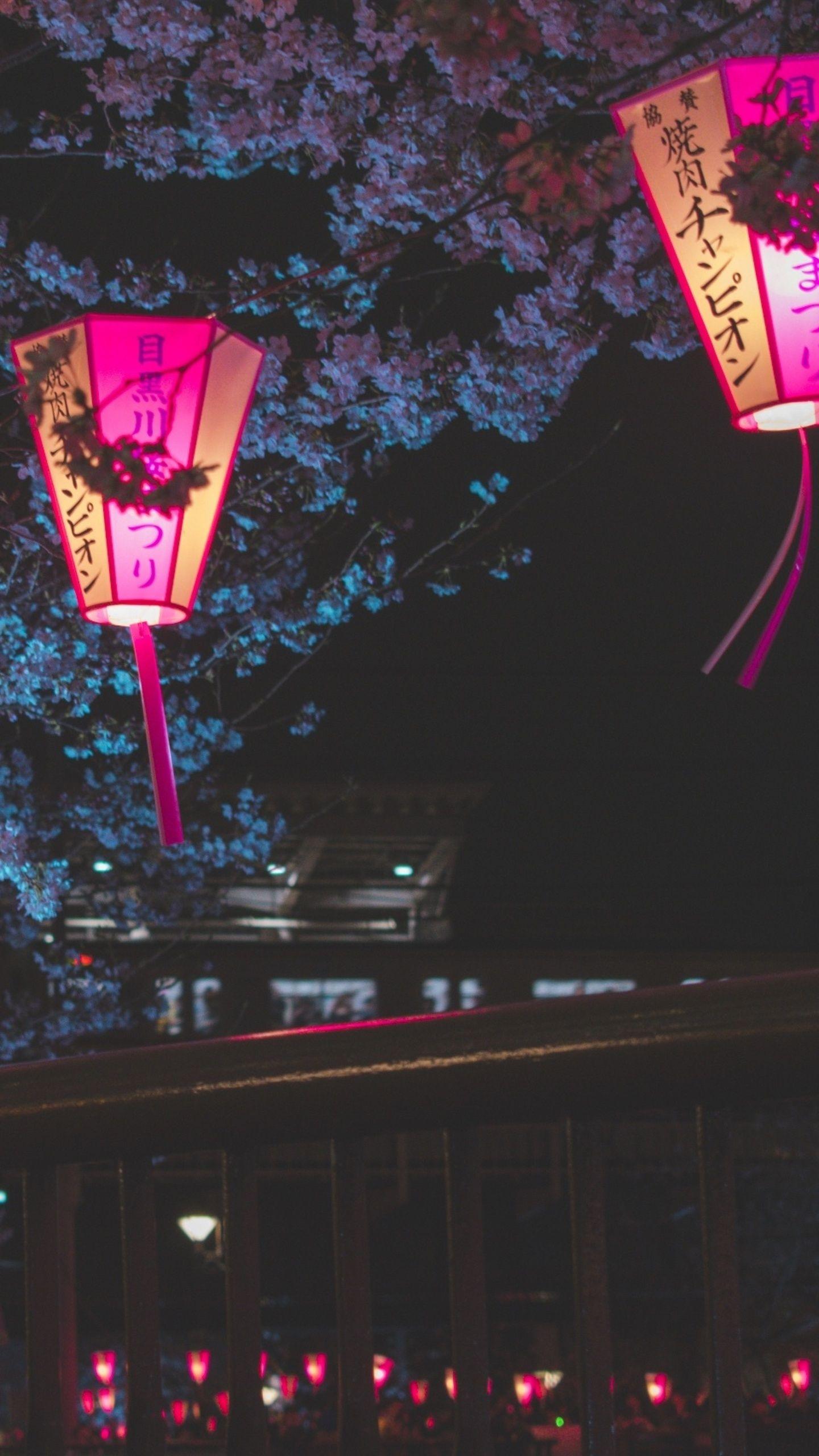 1440x2560 Japan Night Cherry Blossom Trees Lantern Glowing Night Samsung Galaxy S S7 , Google Pixel XL , Nexus 6P , LG G5 HD 4k Wallpaper, Image, Background, Photo and Picture