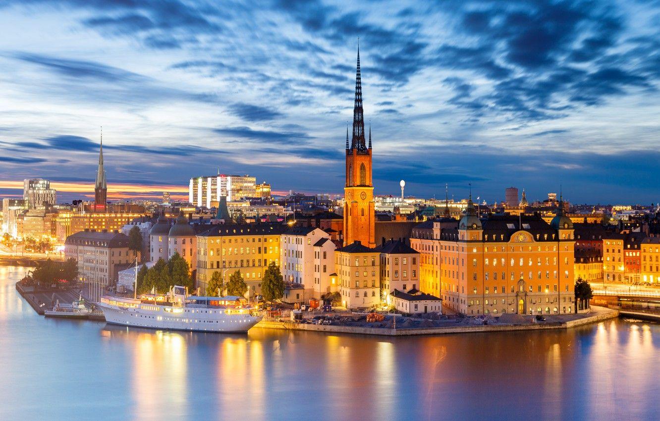 1332x850 Wallpaper night, lights, ship, tower, home, Stockholm, Sweden image for desktop, section город