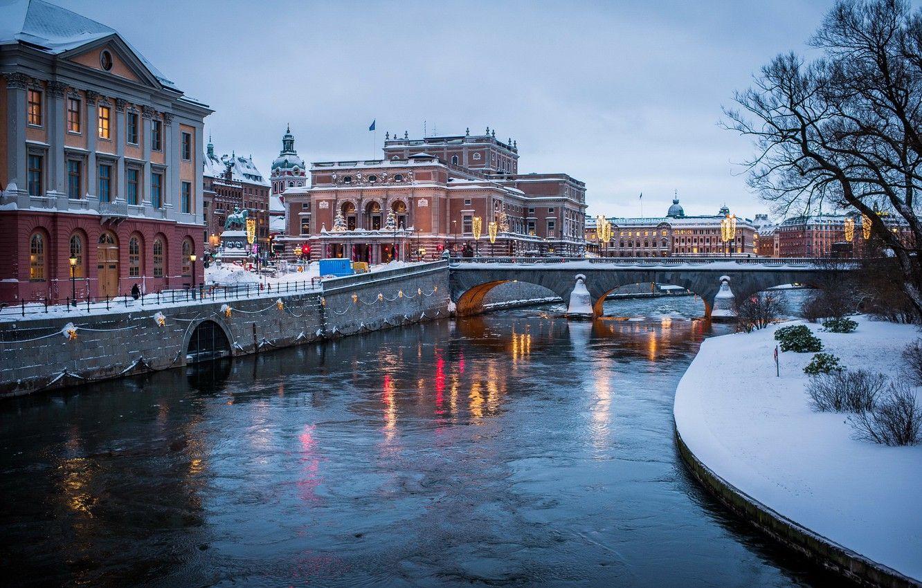 1332x850 Wallpaper winter, bridge, the city, river, photo, Sweden, water channel, Stockholm image for desktop, section город