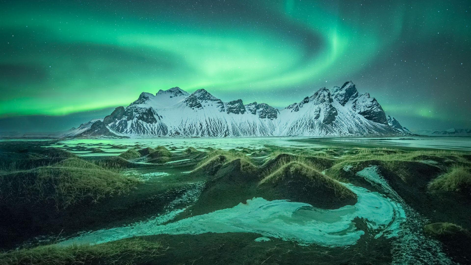 1920x1080 Wallpaper Iceland, mountains, grass, northern lights, starry, night 1920x1200 HD Picture, Image