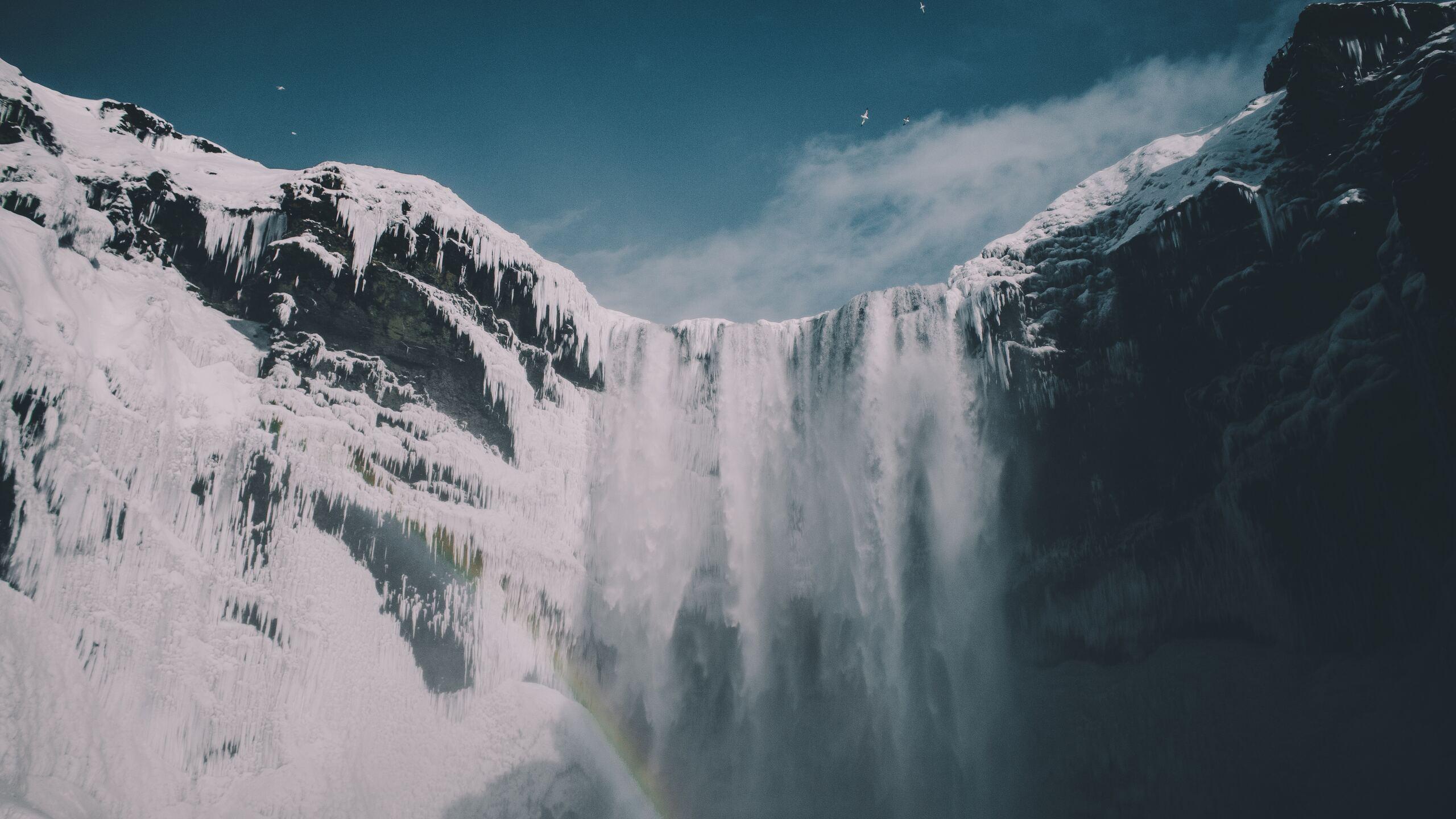 2560x1440 Blue Sky Waterfall Snow Iceland Mountains 1440P Resolution HD 4k Wallpaper, Image, Background, Photo and Picture