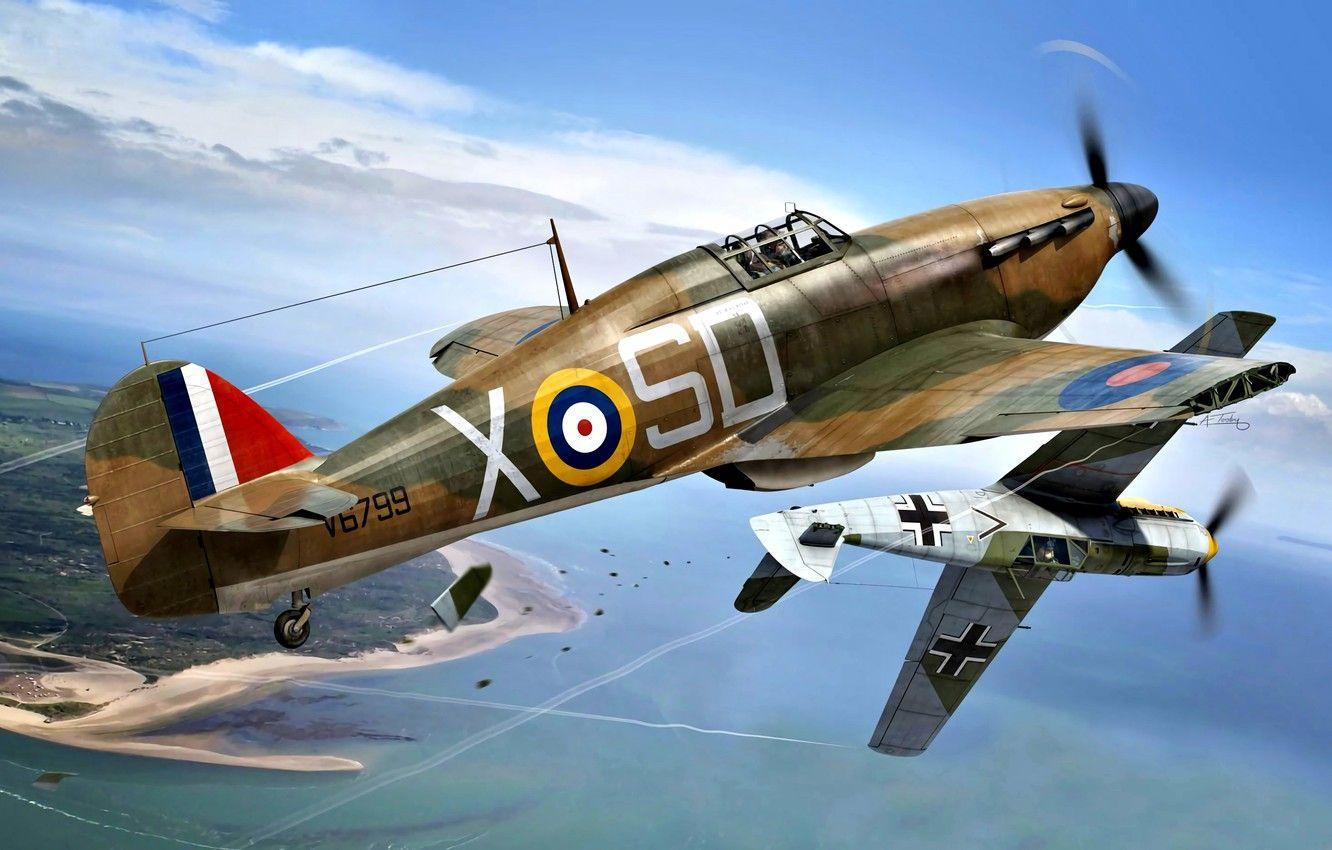 1332x850 Wallpaper Messerschmitt, Battle of Britain, WWII, Hawker Hurricane Mk.I, Military Aircraft, Bf. 109E- RAM image for desktop, section авиация