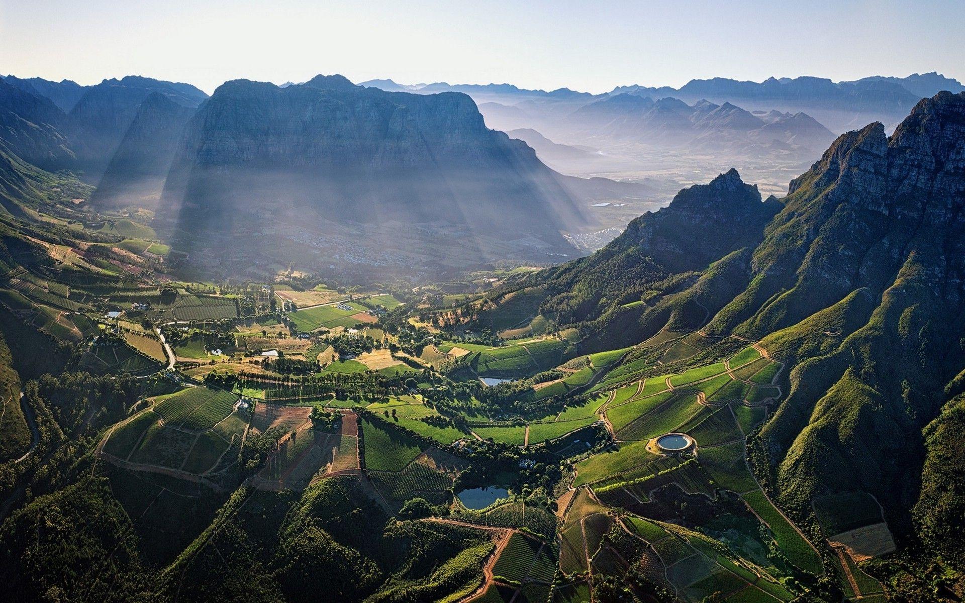 1920x1200 photography, Nature, Landscape, Aerial View, Mountain Pass, Field, Pond, Village, Morning, Sunlight, Sun Rays, Mist, South Africa Wallpaper HD / Desktop and Mobile Background