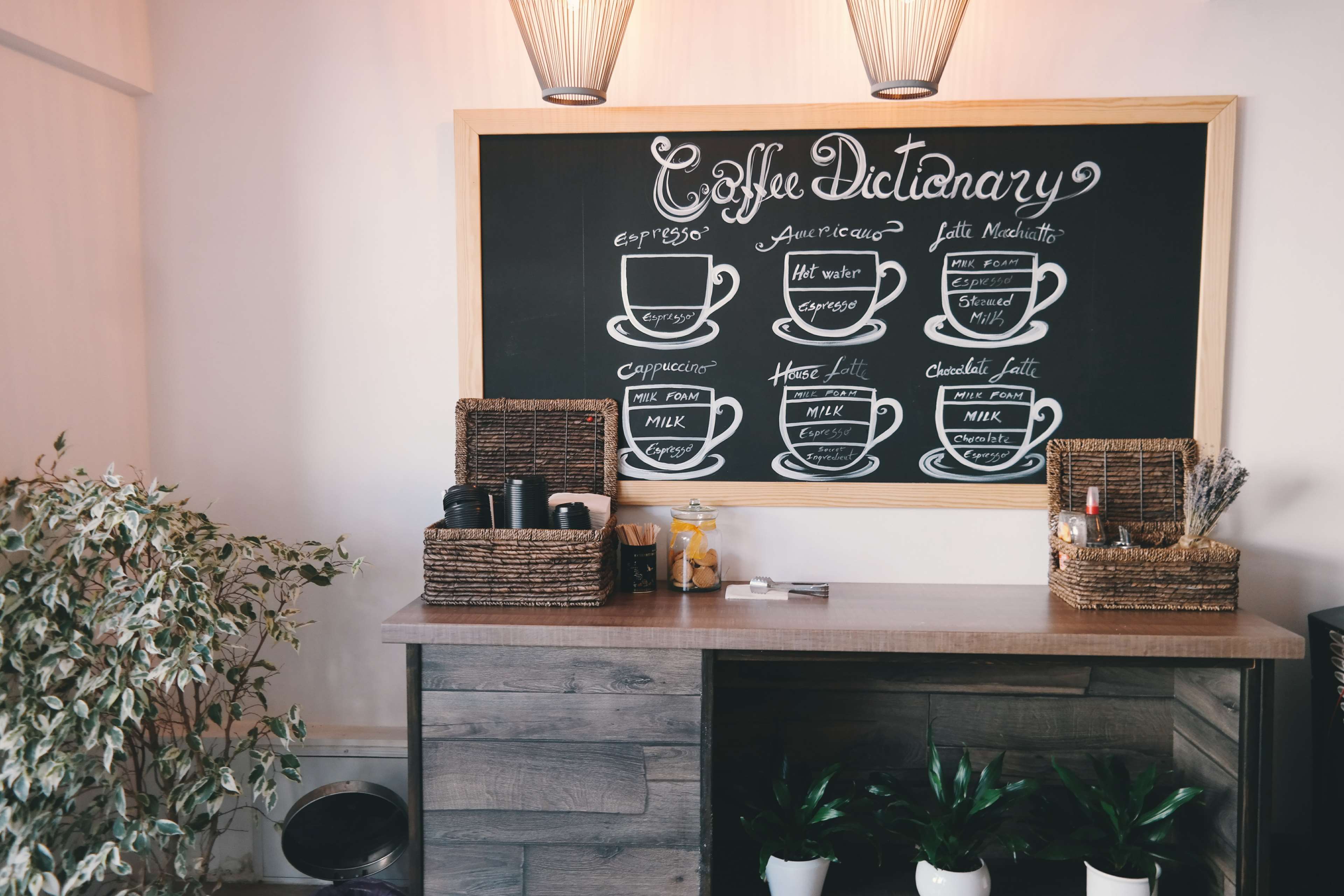 3840x2560 basket, chalkboard, coffee shop, coffeehouse, decor, decorations, furniture, indoor plants, indoors, inside, interior, interior design, jar, modern, pots, table, wood 4k wallpaper. Mocah.org HD Desktop Wallpaper