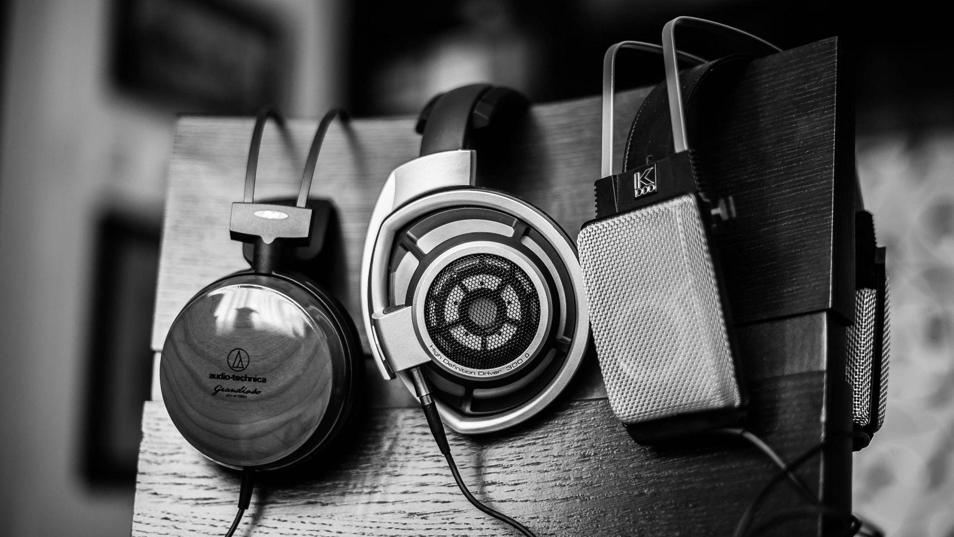 1920x1080 headphones, Music, Wood, Metal, Akg, Acoustics, Grayscale, Monochrome, Sennheiser, Audio, Technica, Akg, Still, Life, Hd K Ath, W1000x Wallpaper HD / Desktop and Mobile Background