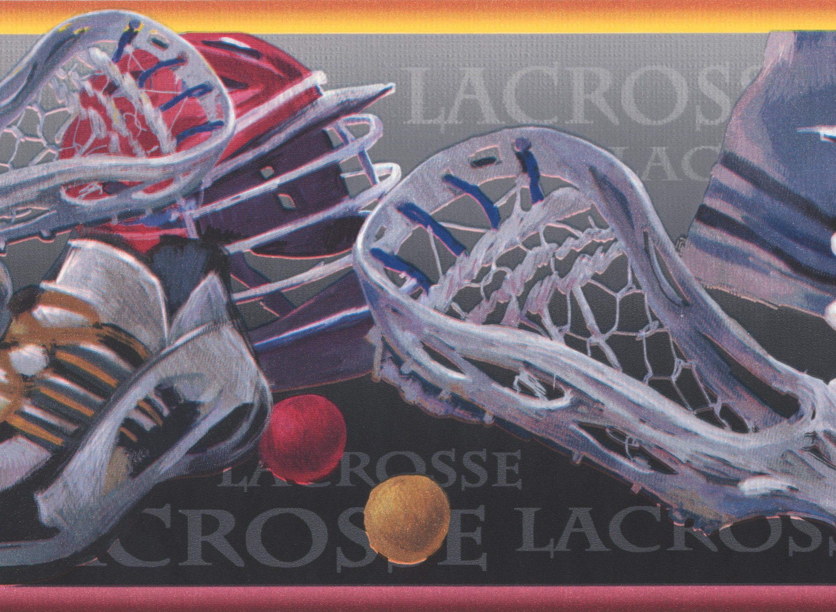 2788x2041 Lacrosse Stick Ball Gloves Helmet Shoes Sports Wallpaper Border Retro Design, Roll 15' x 7''