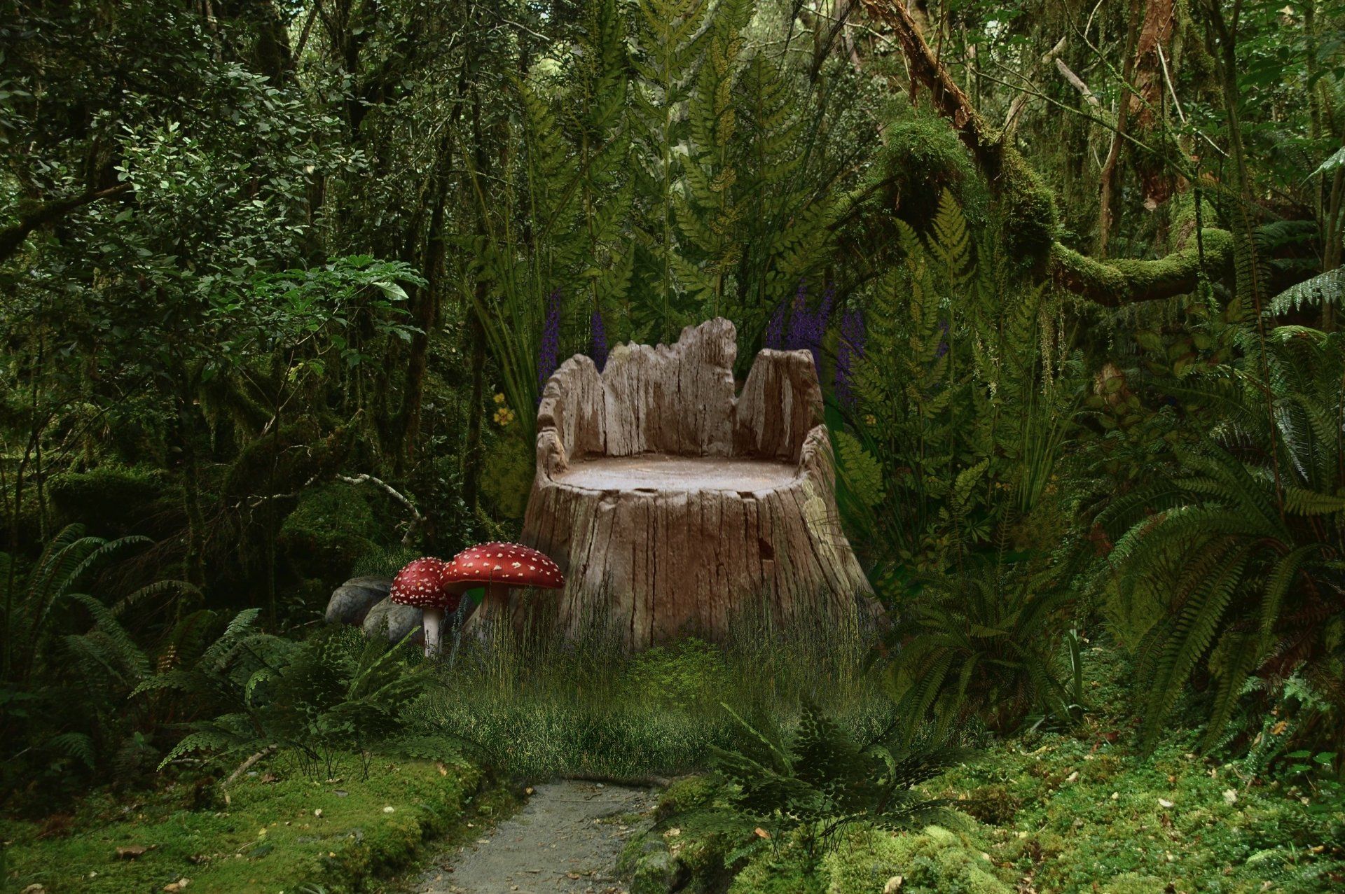 1920x1277 Enchanted Forest Stump with Vibrant Flowers and Mushrooms