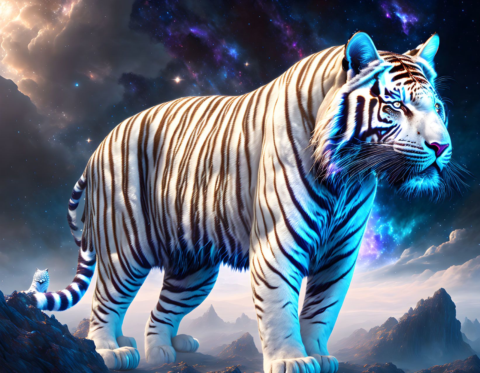 1643x1278 White Tiger with Blue Stripes on Rocky Terrain Under Cosmic Sky. Deep Dream Generator