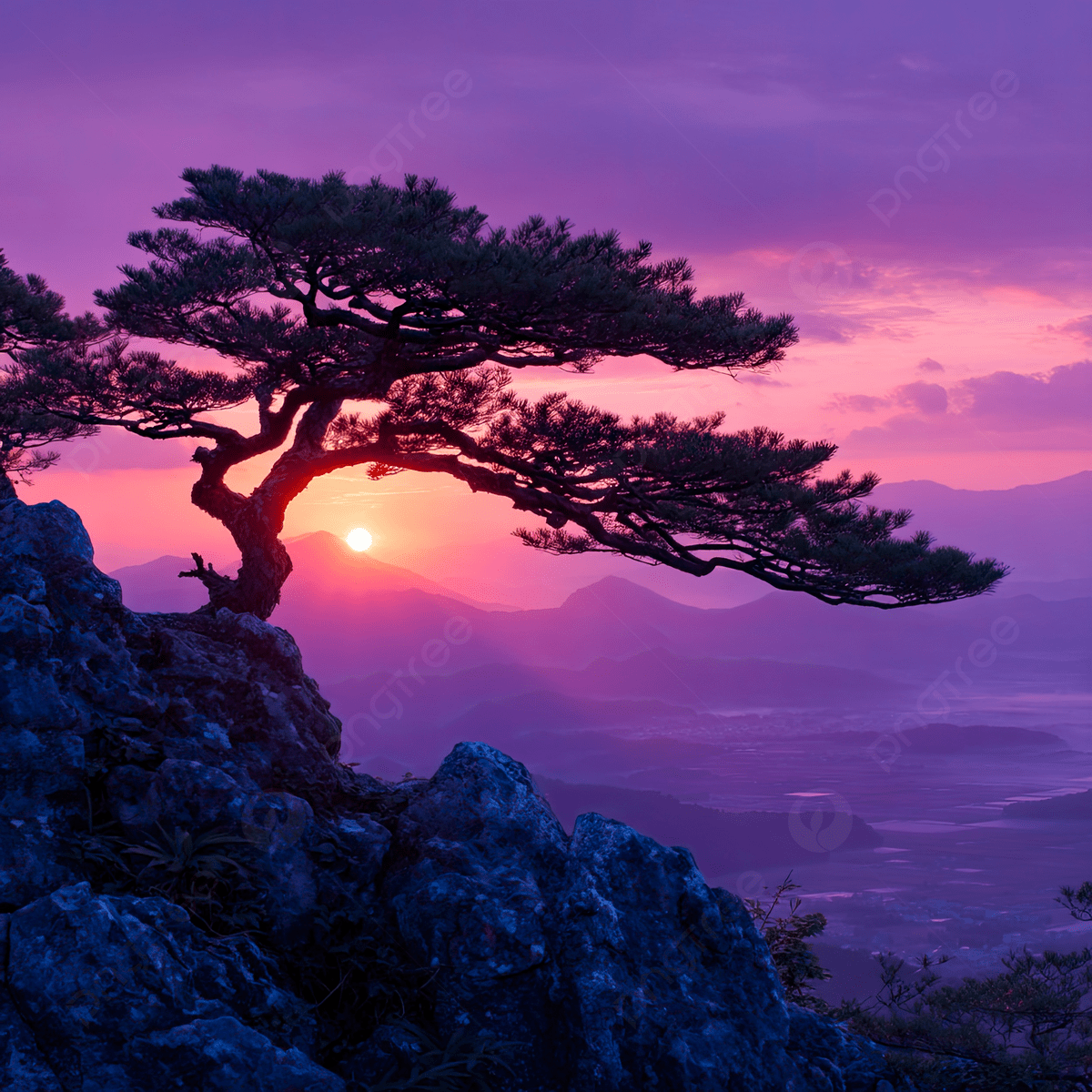 1200x1200 A Beautiful Bonsai Tree On The Top Of Mountain With Purple Sky And Sun Setting In Background Misty Valley Lies Below, Beautiful, Bonsai, Tree Background Image And Wallpaper for Free Download