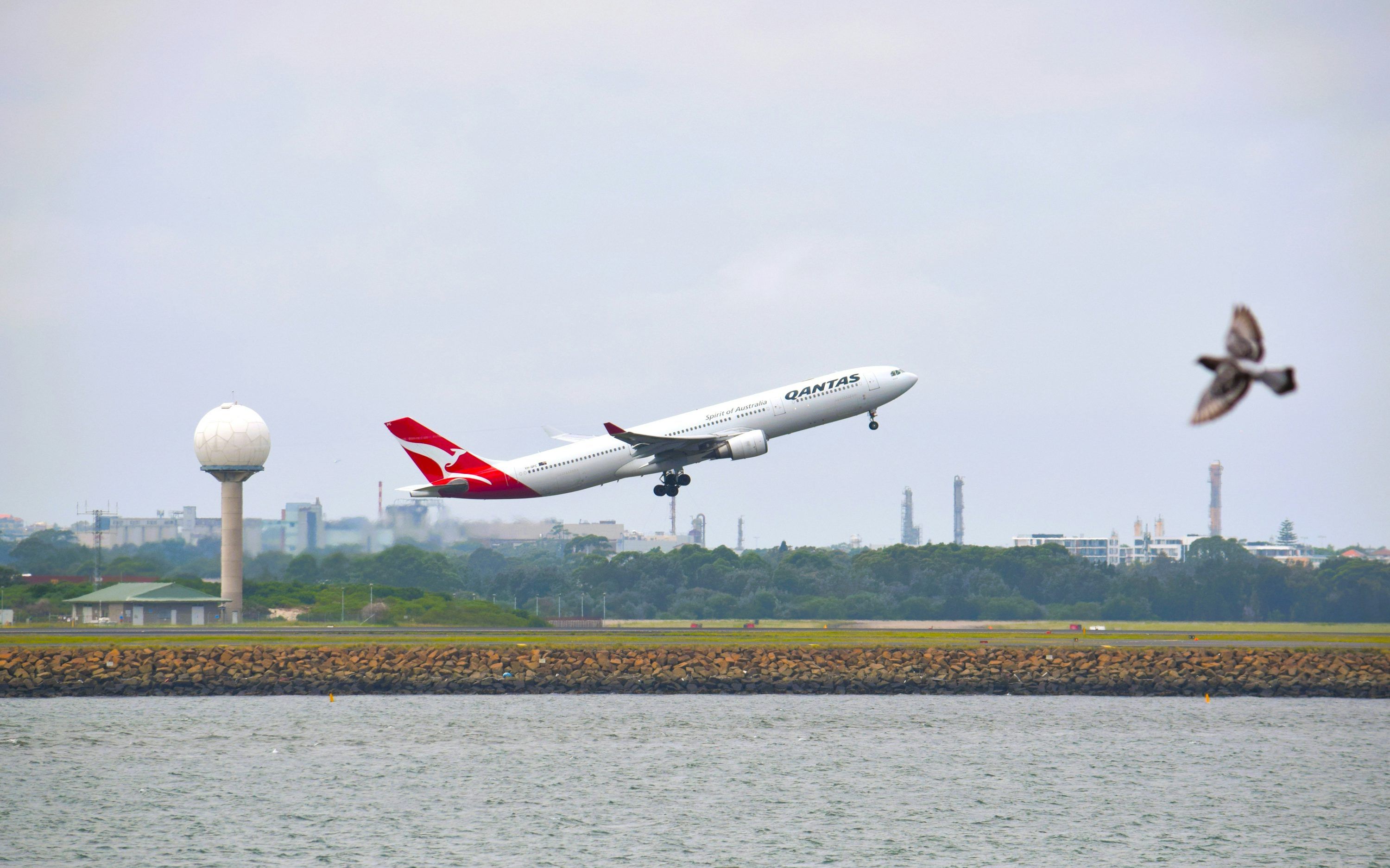 3000x1874 A large jetliner flying over a body of water photo