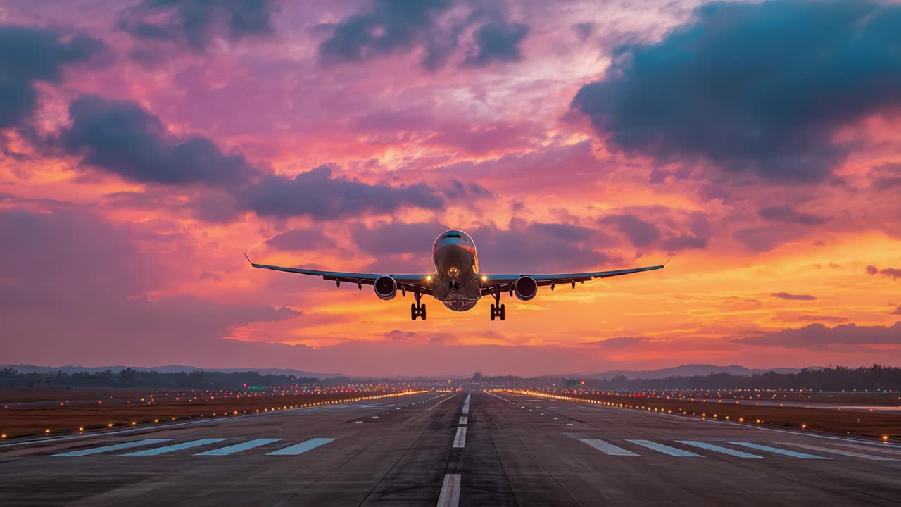 1280x720 Plane takeoff at the airport at sunset with passengers and tourists going on vacation