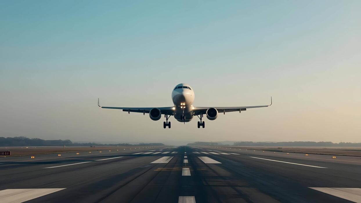 1244x700 Passenger airplane taking off from runway at sunset with landing lights on aircraft