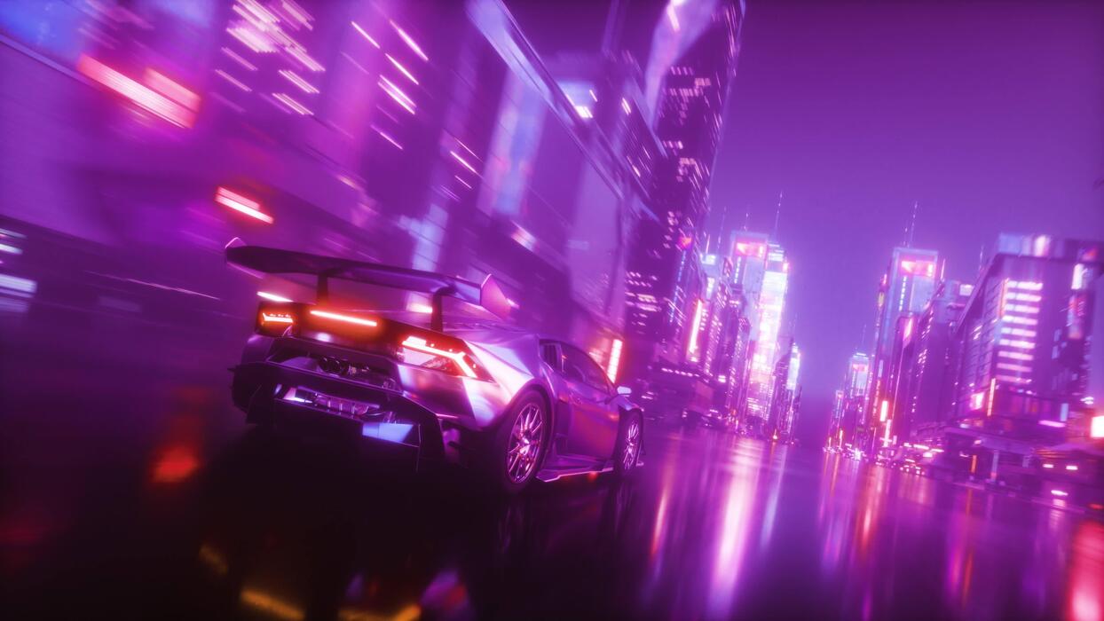 1244x700 Riding Sport Car in Cyberpunk City