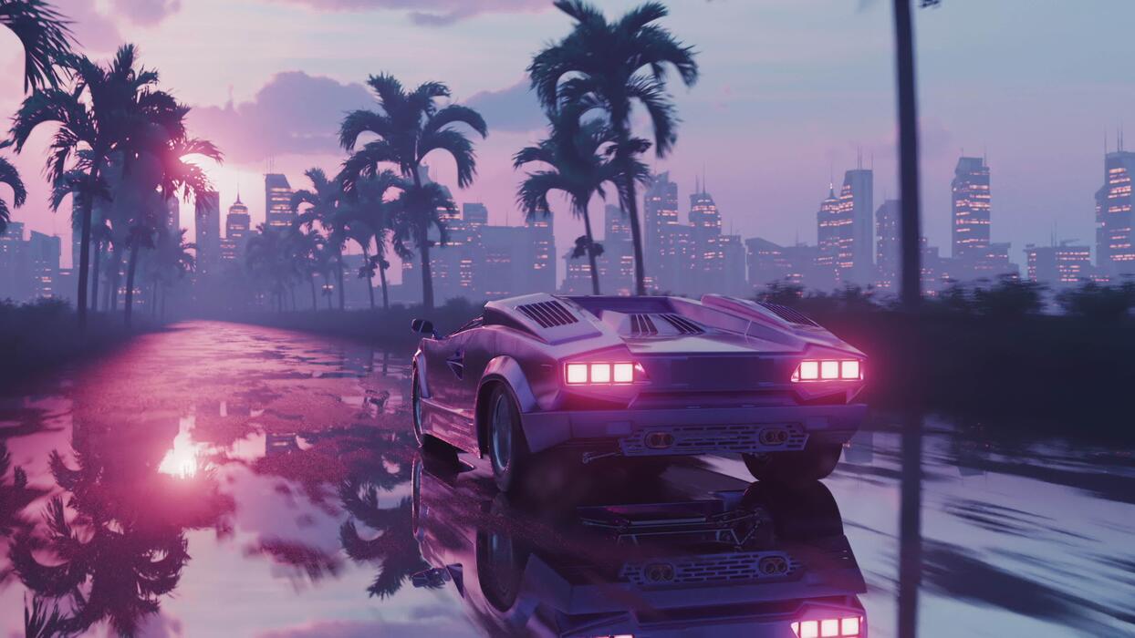 1244x700 Loop car driving on wet asphalt in retro style