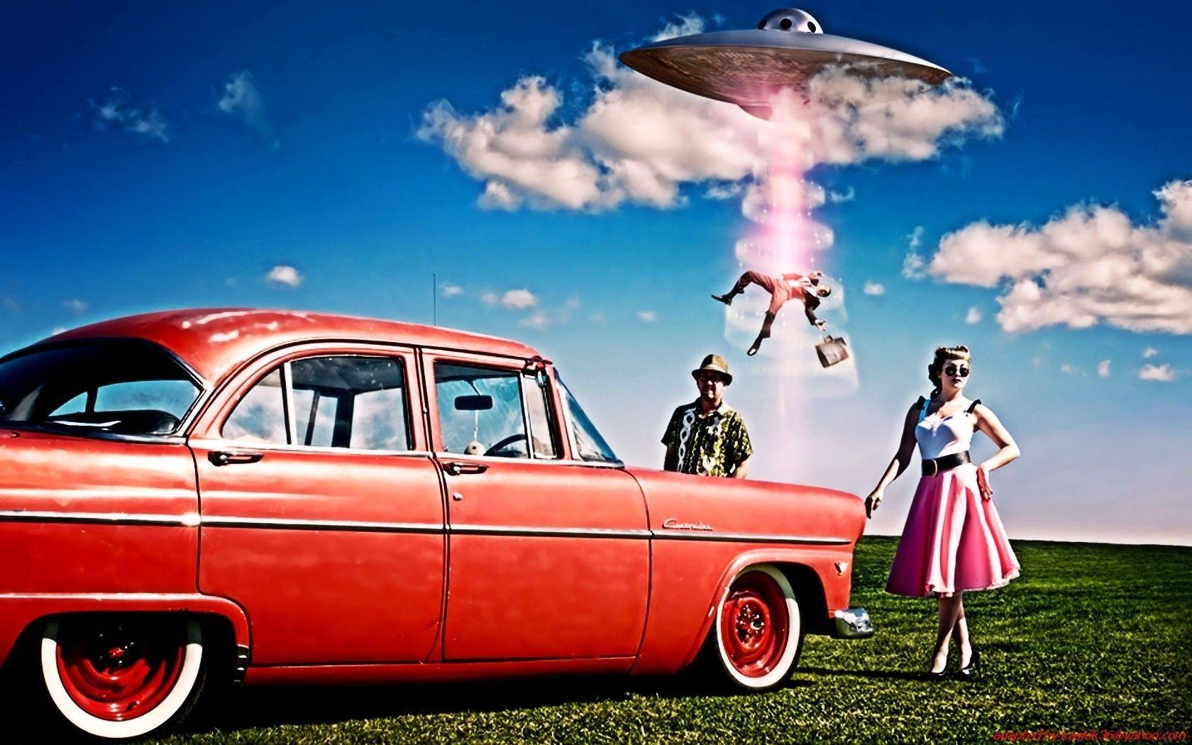 1680x1050 Retro cổ điển quảng cáo khoa học viễn tưởng hài hước ufo người ngoài hành tinh phụ nữ đàn ông hình nền.  1680x1050