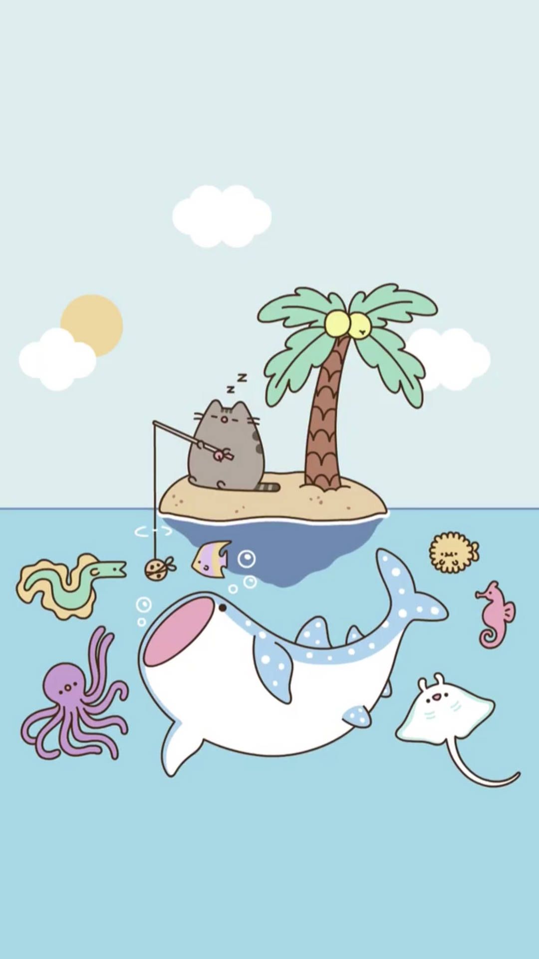 1080x1920 Cute Summer Pusheen Cat Wallpaper
