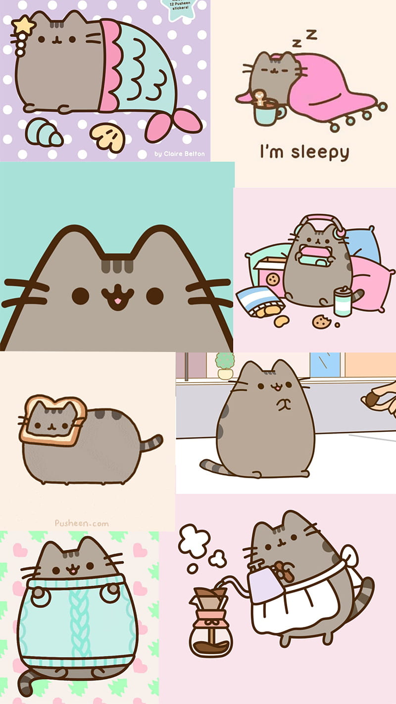 800x1422 Pusheen Cat, adorable, cartoon, cat, cats, collage, cute, drawing, cat, kawaii, HD phone wallpaper