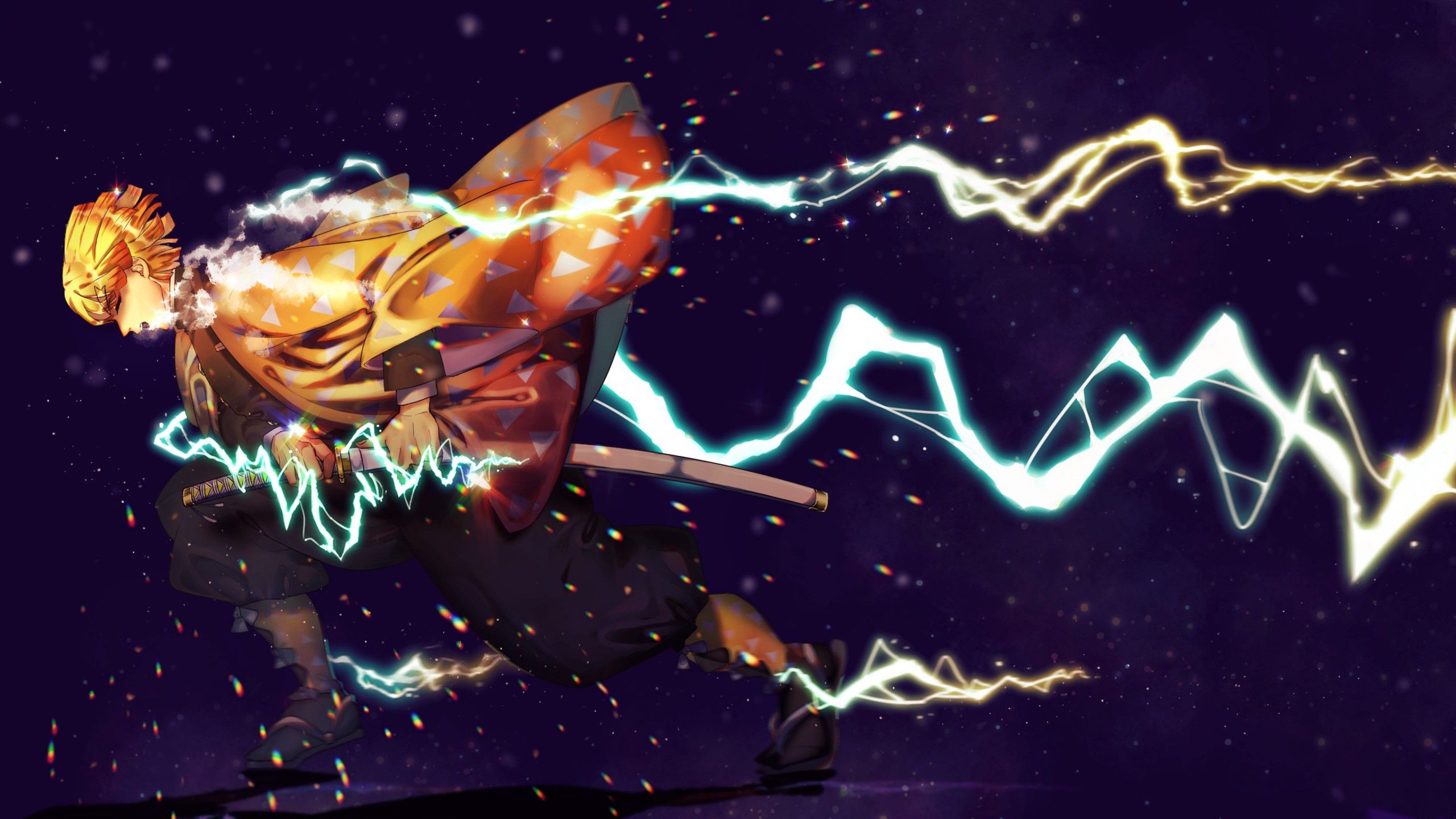 2560x1440 Demon Slayer Zenitsu Agatsuma With Sword And Lightning With Dark Purple Background 4K HD Anime Wallpaper