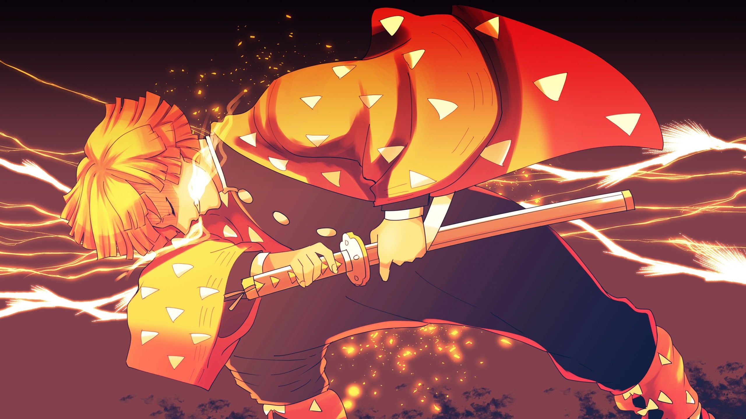 2560x1440 Demon Slayer Zenitsu Agatsuma With Sword With Background Of Black Red And Lightning HD Anime Wallpaper