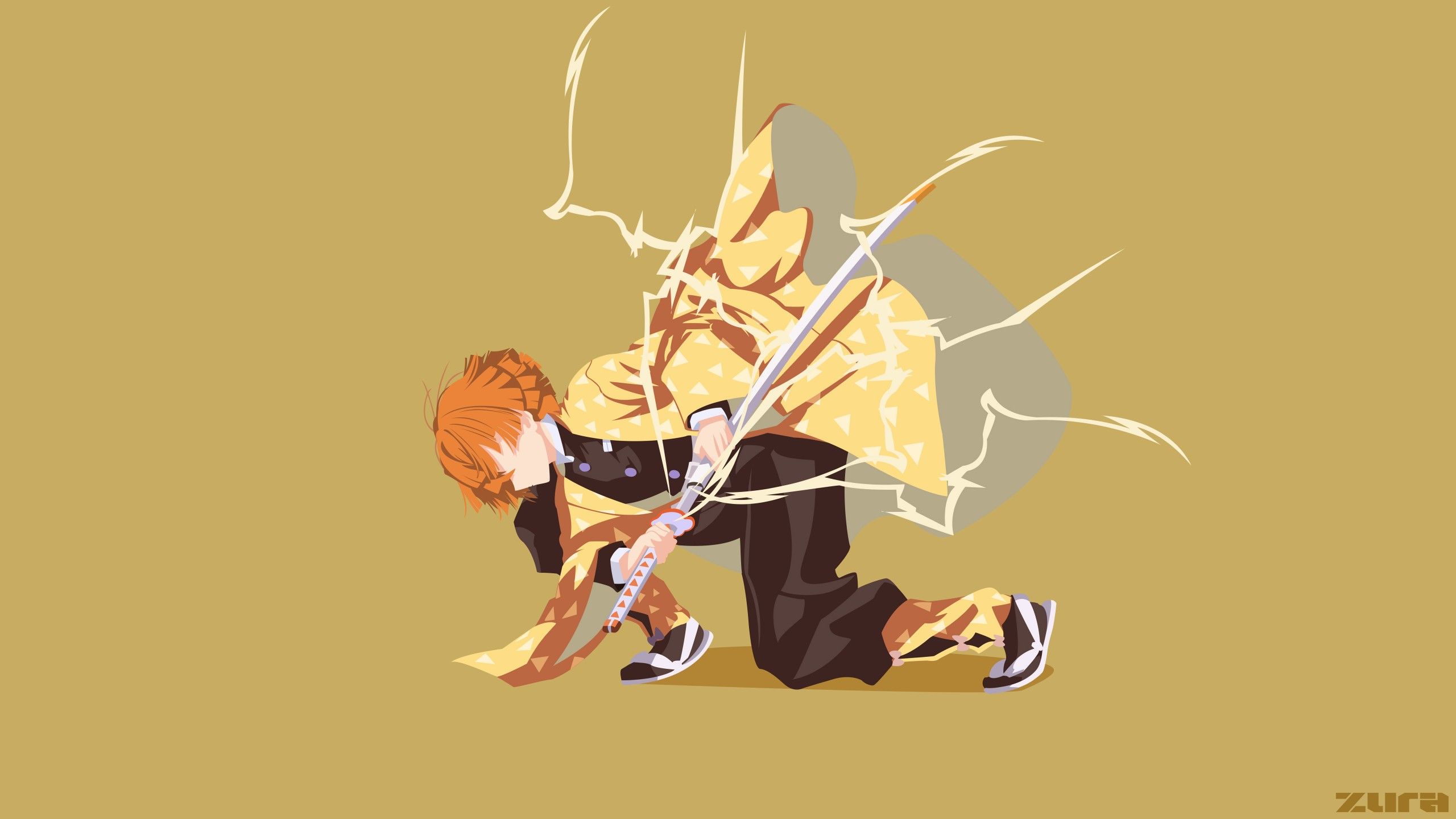 2560x1440 Demon Slayer Zenitsu Agatsuma With Background Of Dark Yellow 4K 5K HD Anime Wallpaper