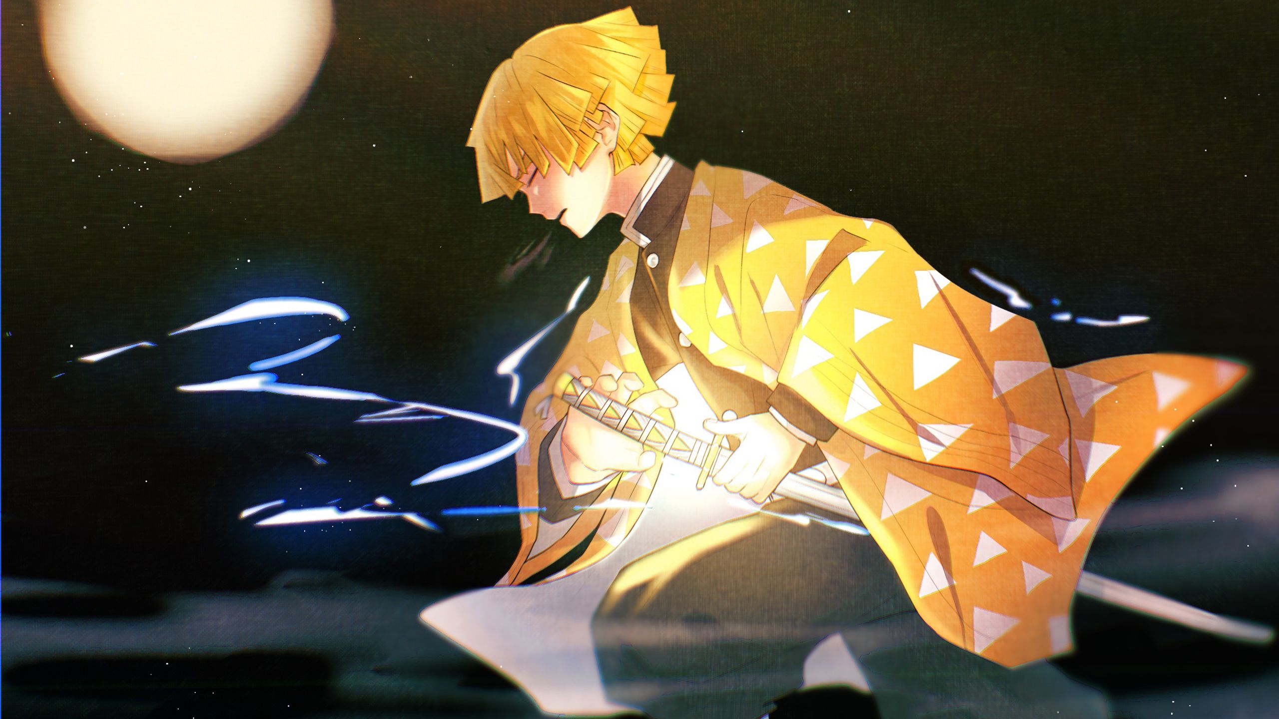 2560x1440 Demon Slayer Zenitsu Agatsuma With Sword With Background Of Black And Shallow Moon And Stars HD Anime Wallpaper
